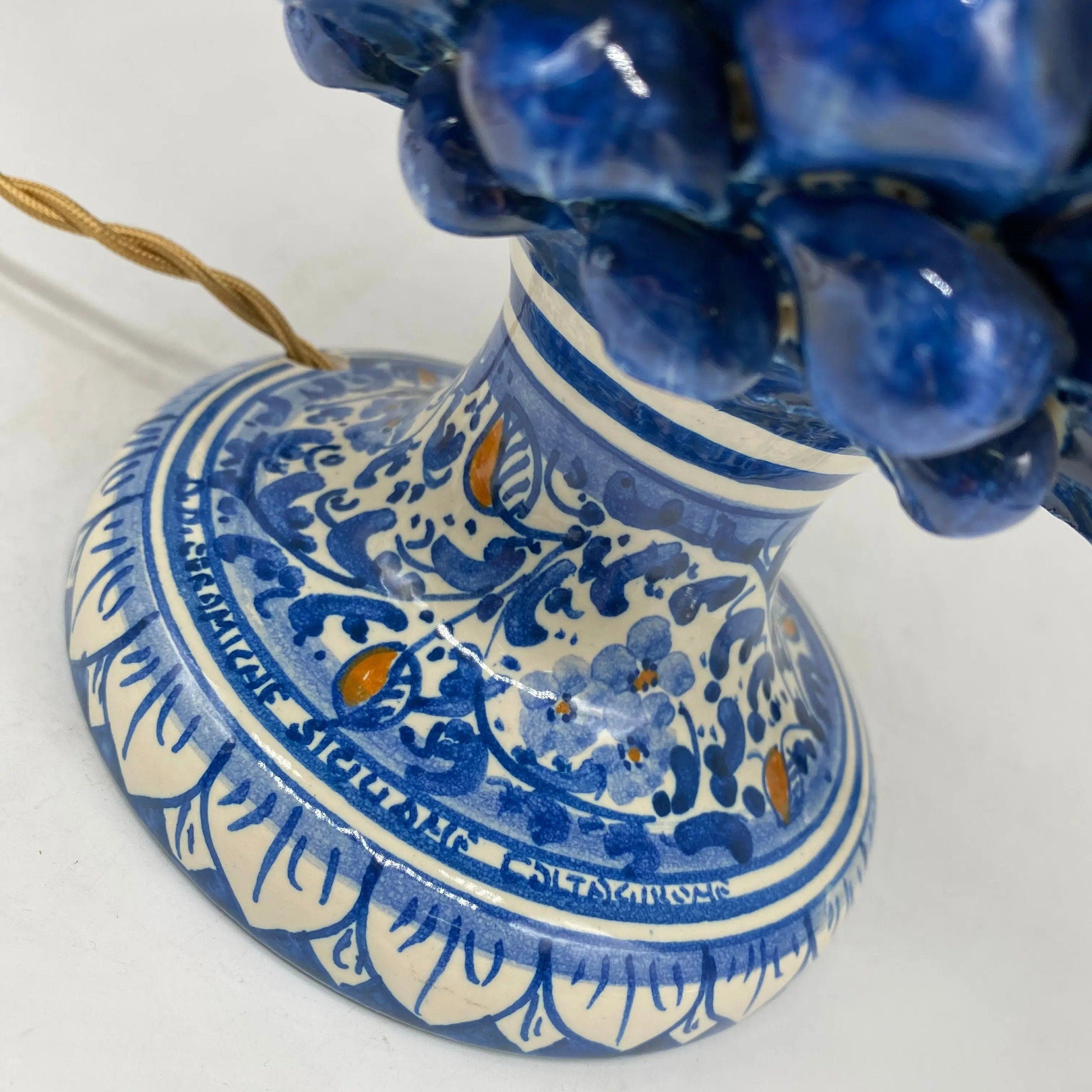 Lampada Pigna Ceramica Caltagirone cm H.30 Artigianale Blu Antico Base Decorata DD CERAMICHE SICILIANE