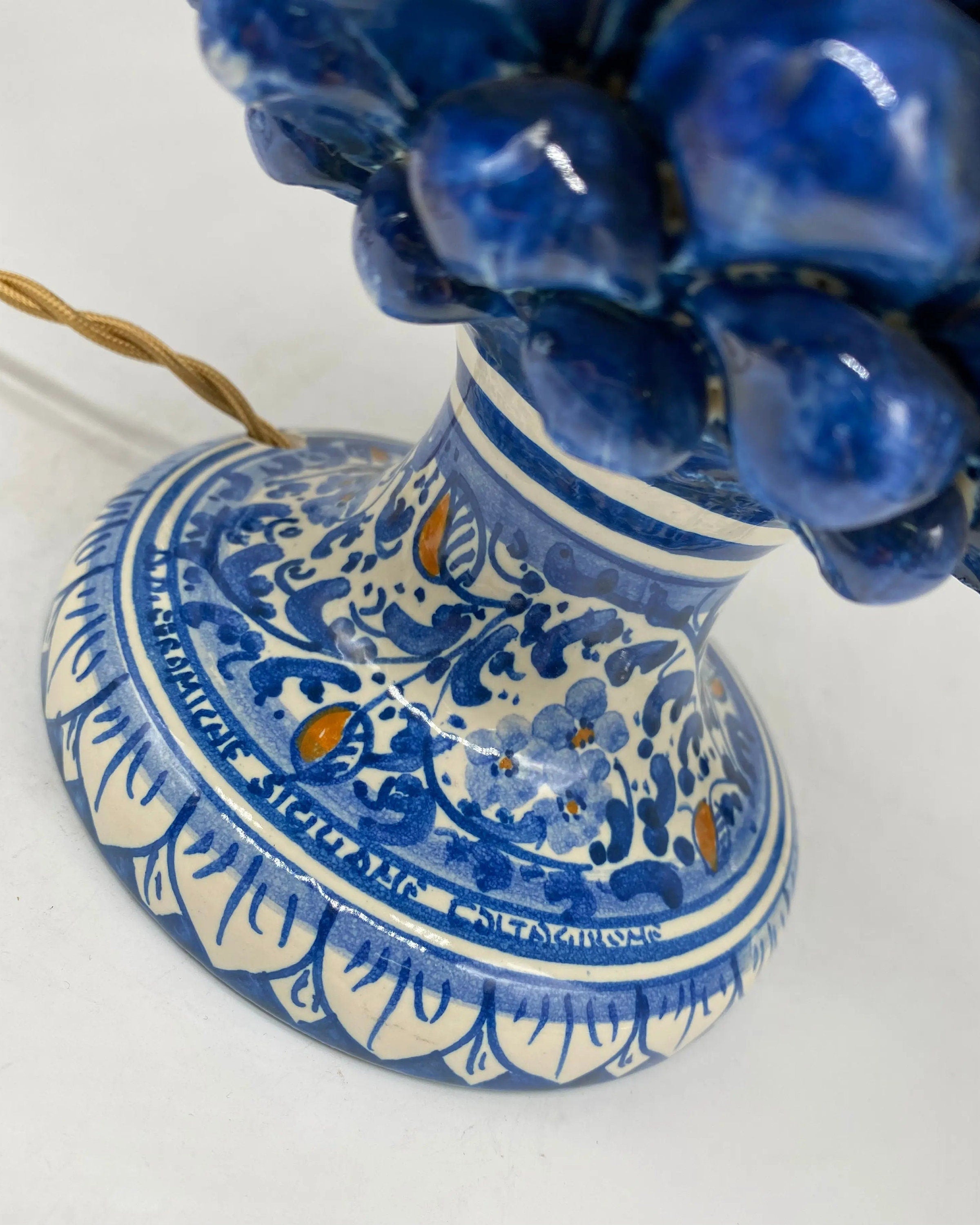 Lampada Pigna Ceramica Caltagirone cm H.30 Artigianale Blu Antico Base Decorata DD CERAMICHE SICILIANE