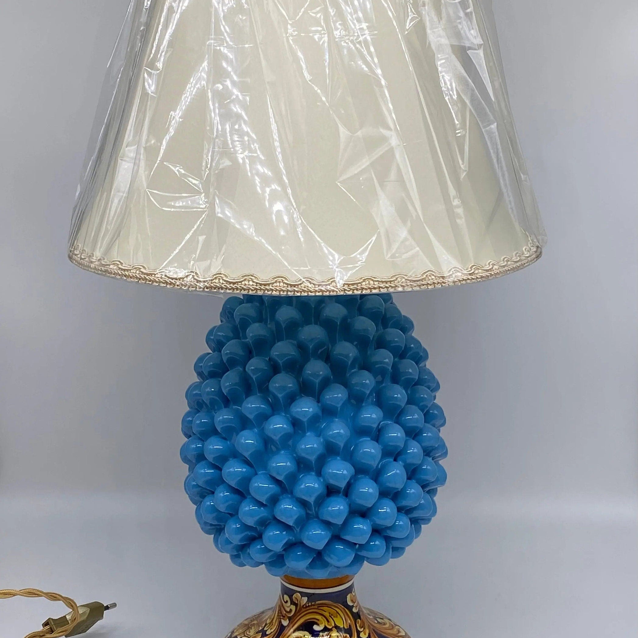 Lampada Pigna Ceramica Caltagirone cm H.30 Artigianale Celeste Base Decorata DD CERAMICHE SICILIANE