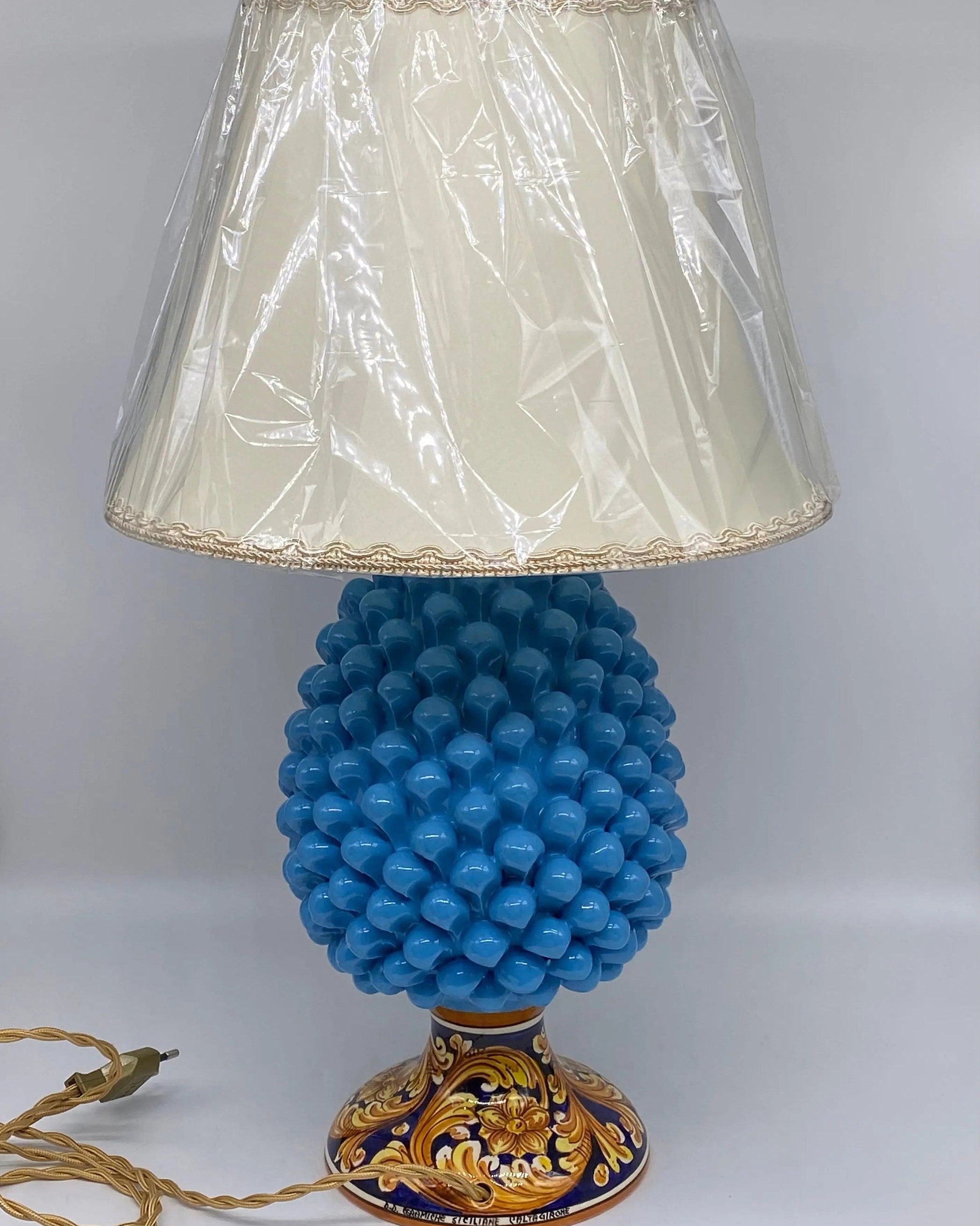 Lampada Pigna Ceramica Caltagirone cm H.30 Artigianale Celeste Base Decorata DD CERAMICHE SICILIANE