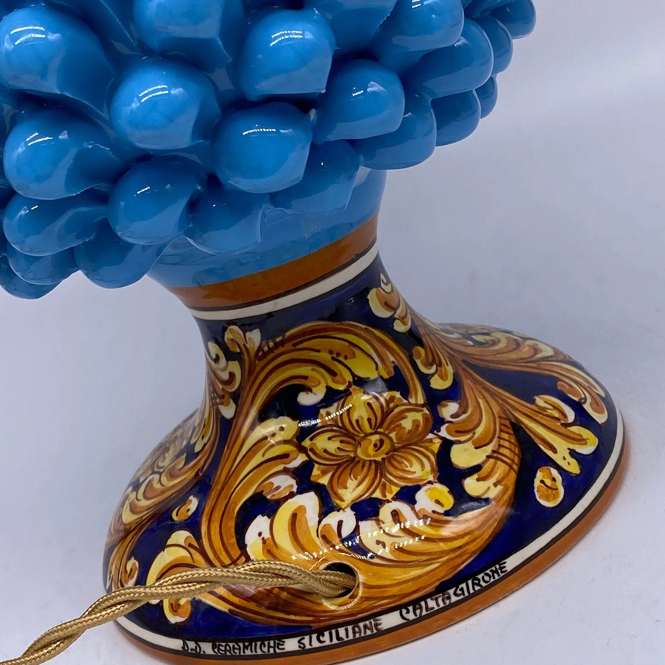 Lampada Pigna Ceramica Caltagirone cm H.30 Artigianale Celeste Base Decorata DD CERAMICHE SICILIANE