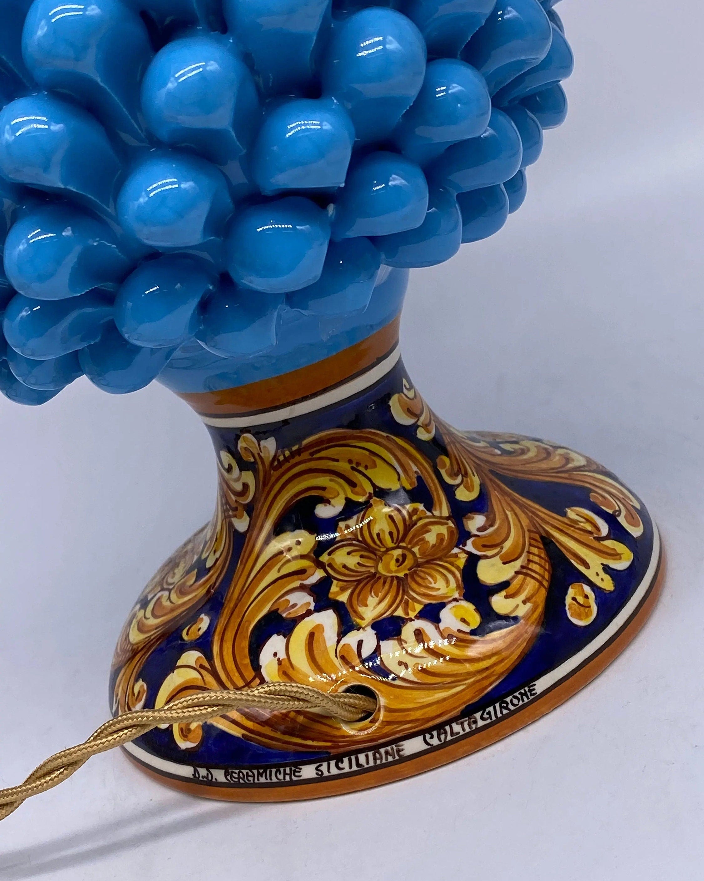 Lampada Pigna Ceramica Caltagirone cm H.30 Artigianale Celeste Base Decorata DD CERAMICHE SICILIANE