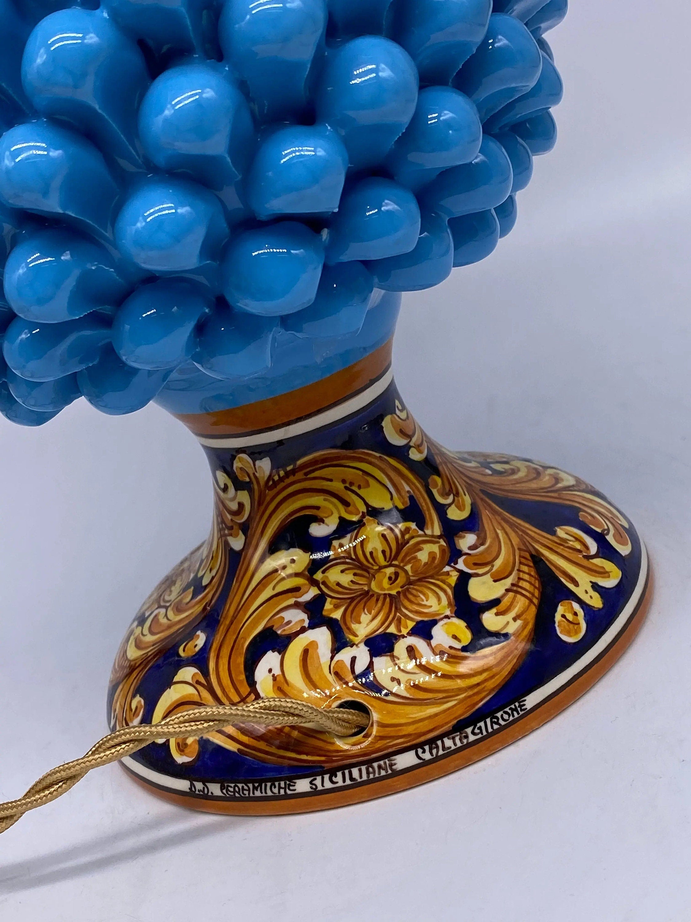 Lampada Pigna Ceramica Caltagirone cm H.30 Artigianale Celeste Base Decorata DD CERAMICHE SICILIANE