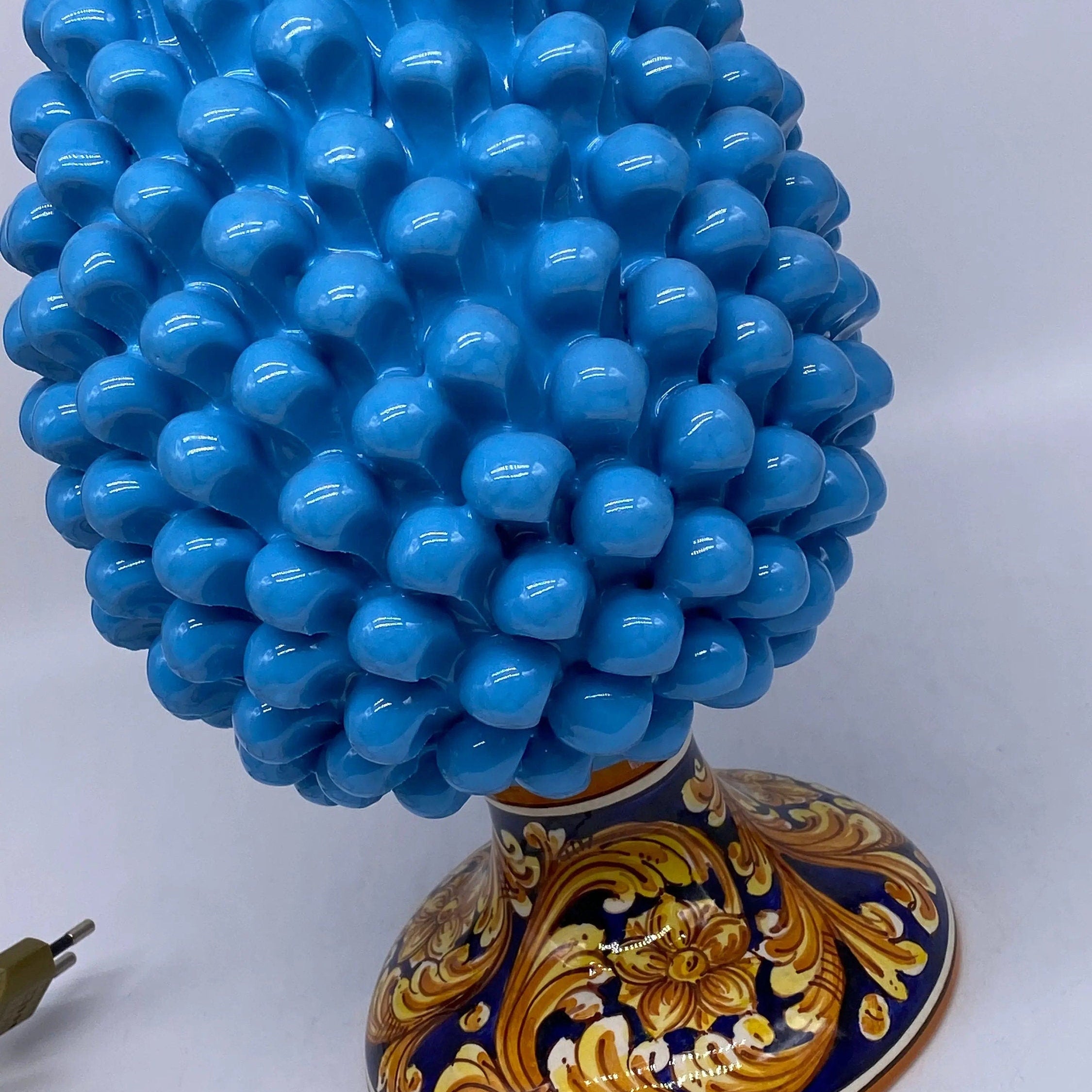 Lampada Pigna Ceramica Caltagirone cm H.30 Artigianale Celeste Base Decorata DD CERAMICHE SICILIANE