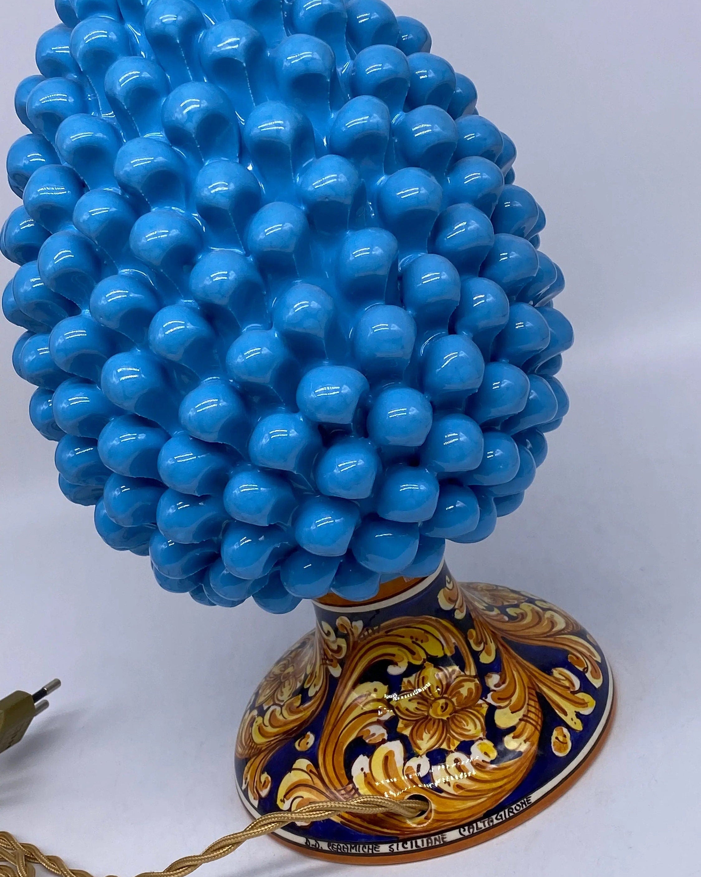 Lampada Pigna Ceramica Caltagirone cm H.30 Artigianale Celeste Base Decorata DD CERAMICHE SICILIANE