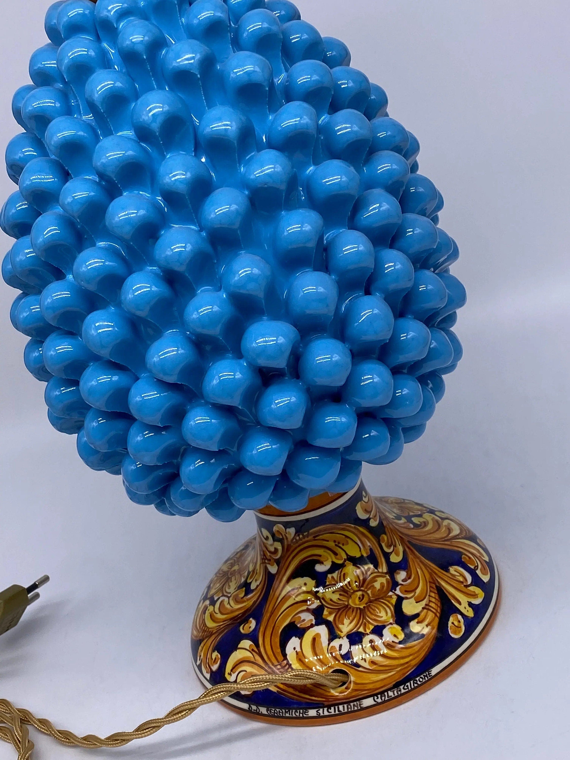 Lampada Pigna Ceramica Caltagirone cm H.30 Artigianale Celeste Base Decorata DD CERAMICHE SICILIANE
