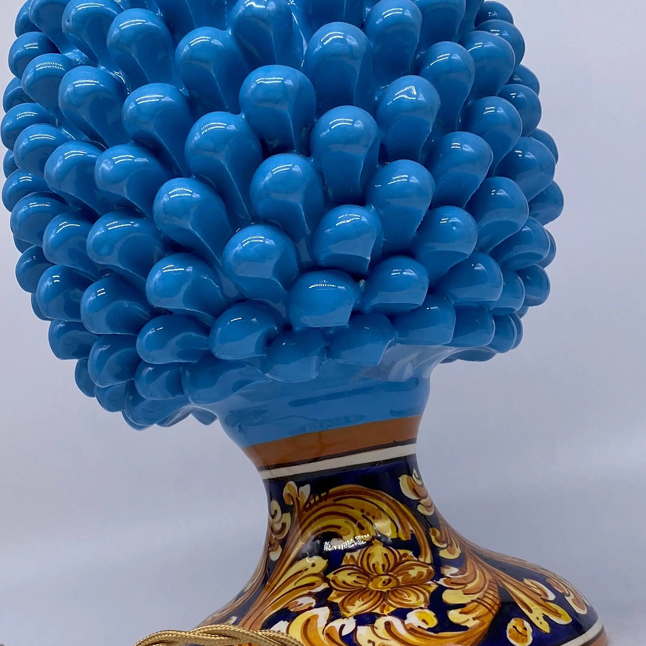 Lampada Pigna Ceramica Caltagirone cm H.30 Artigianale Celeste Base Decorata DD CERAMICHE SICILIANE