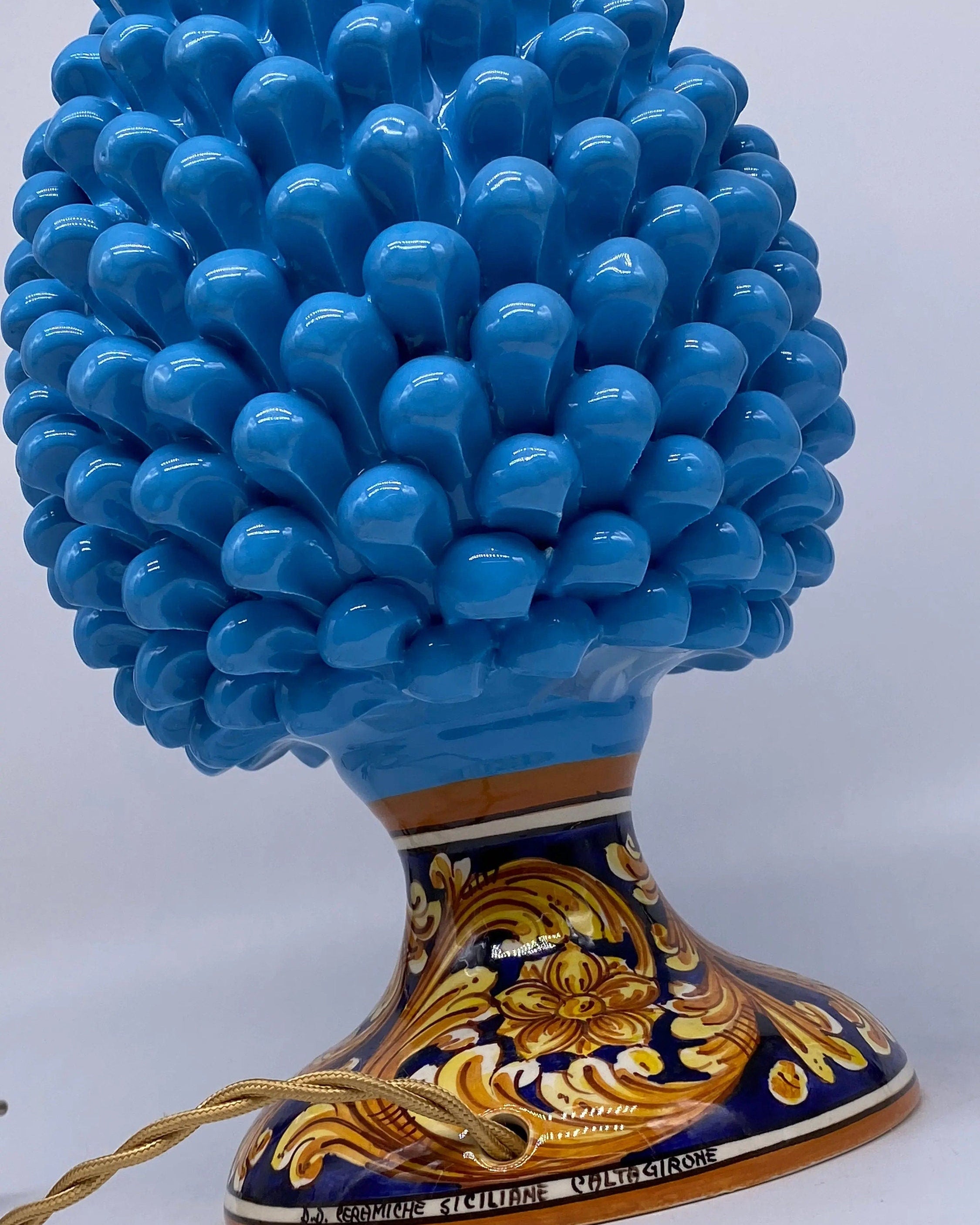 Lampada Pigna Ceramica Caltagirone cm H.30 Artigianale Celeste Base Decorata DD CERAMICHE SICILIANE