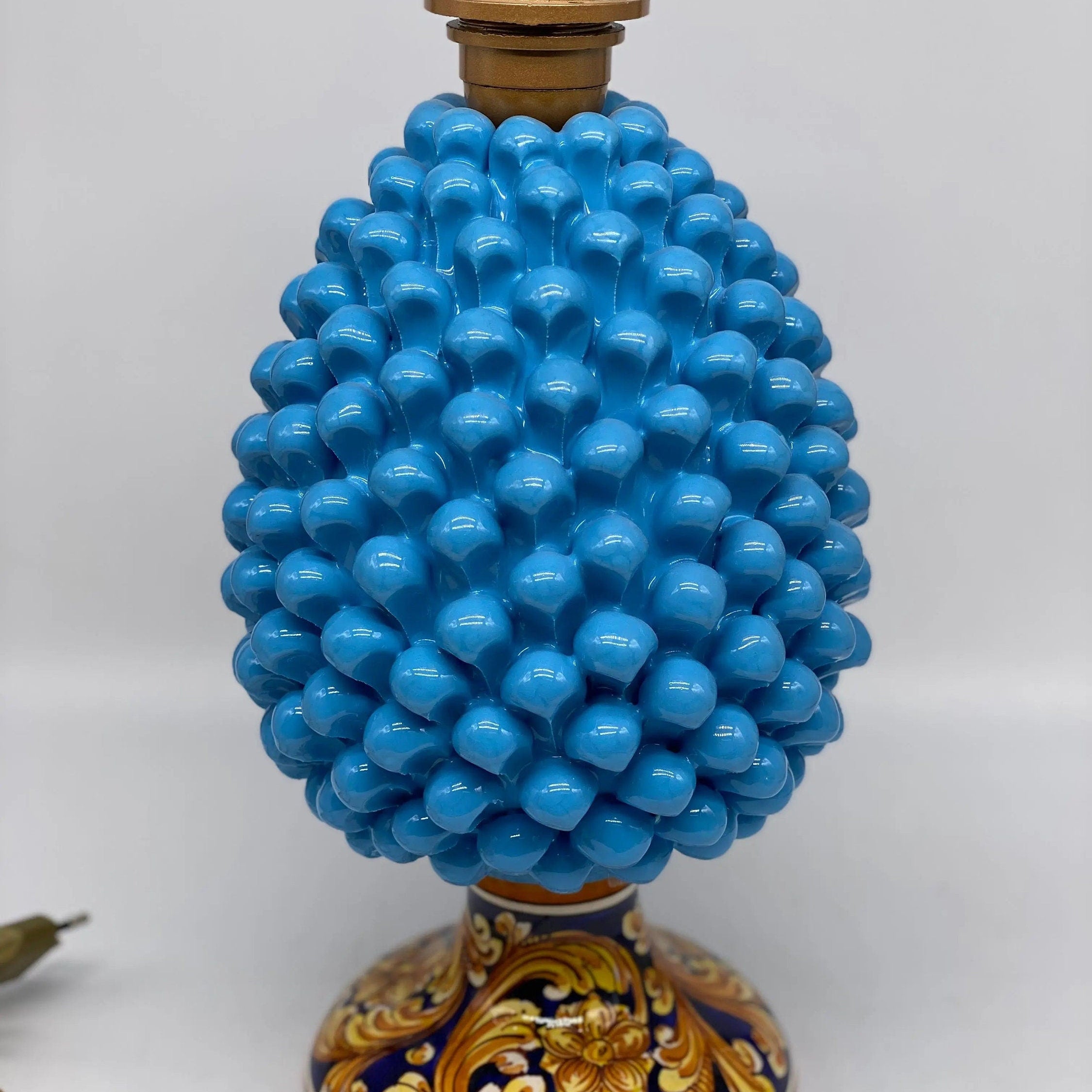 Lampada Pigna Ceramica Caltagirone cm H.30 Artigianale Celeste Base Decorata DD CERAMICHE SICILIANE