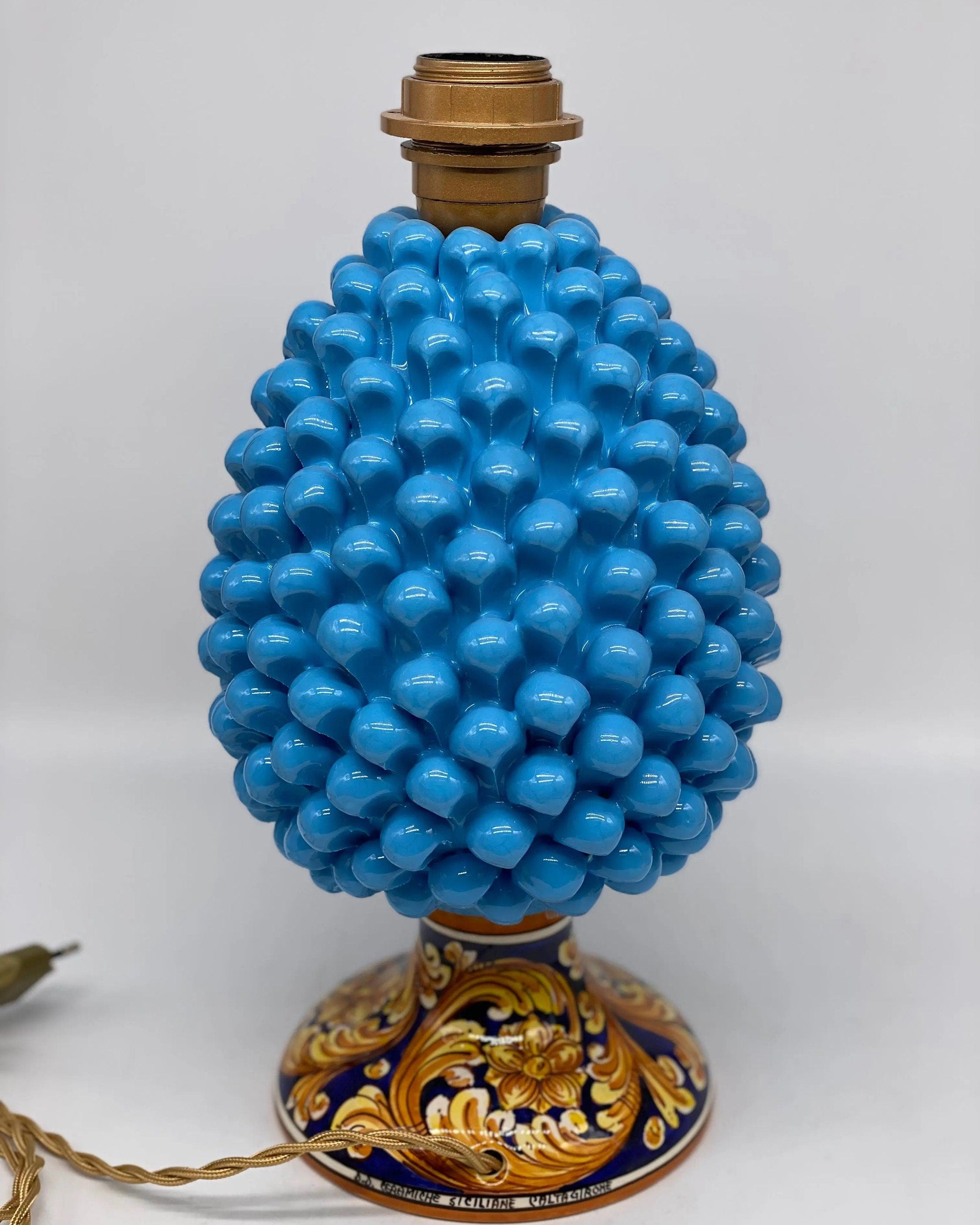 Lampada Pigna Ceramica Caltagirone cm H.30 Artigianale Celeste Base Decorata DD CERAMICHE SICILIANE