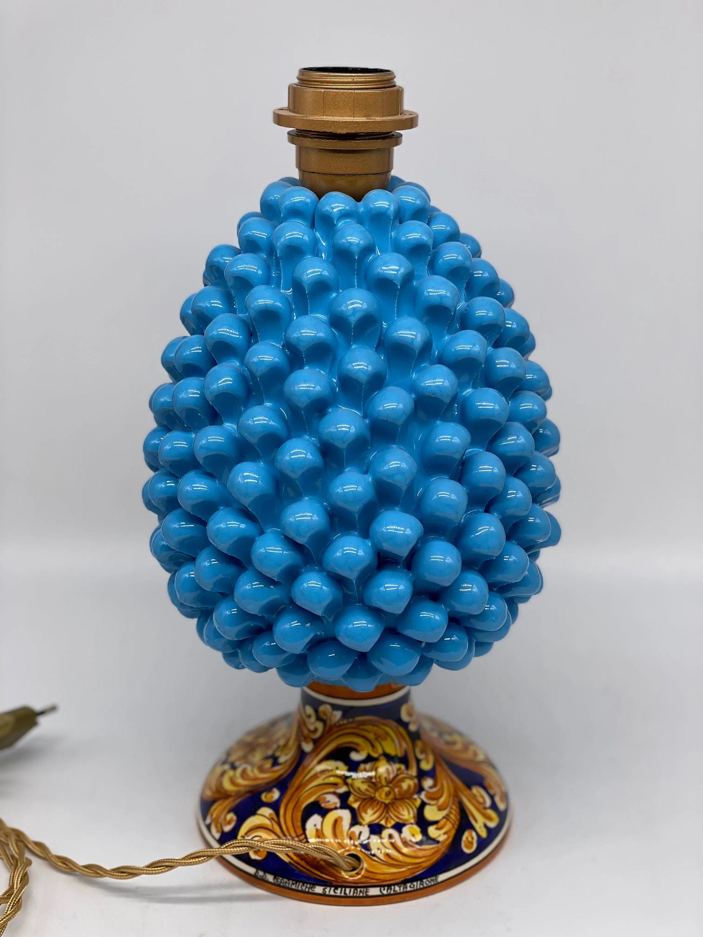 Lampada Pigna Ceramica Caltagirone cm H.30 Artigianale Celeste Base Decorata DD CERAMICHE SICILIANE