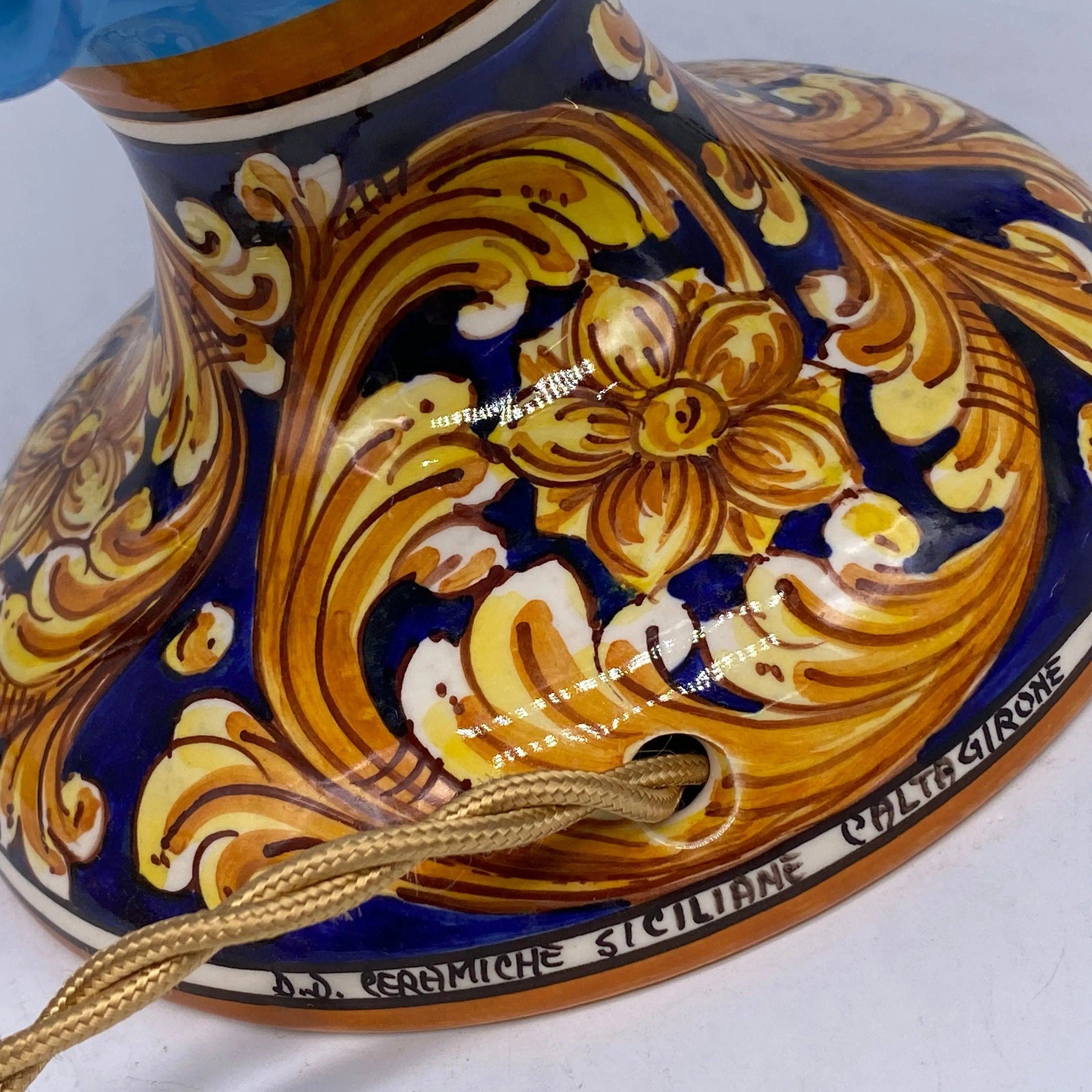 Lampada Pigna Ceramica Caltagirone cm H.30 Artigianale Celeste Base Decorata DD CERAMICHE SICILIANE