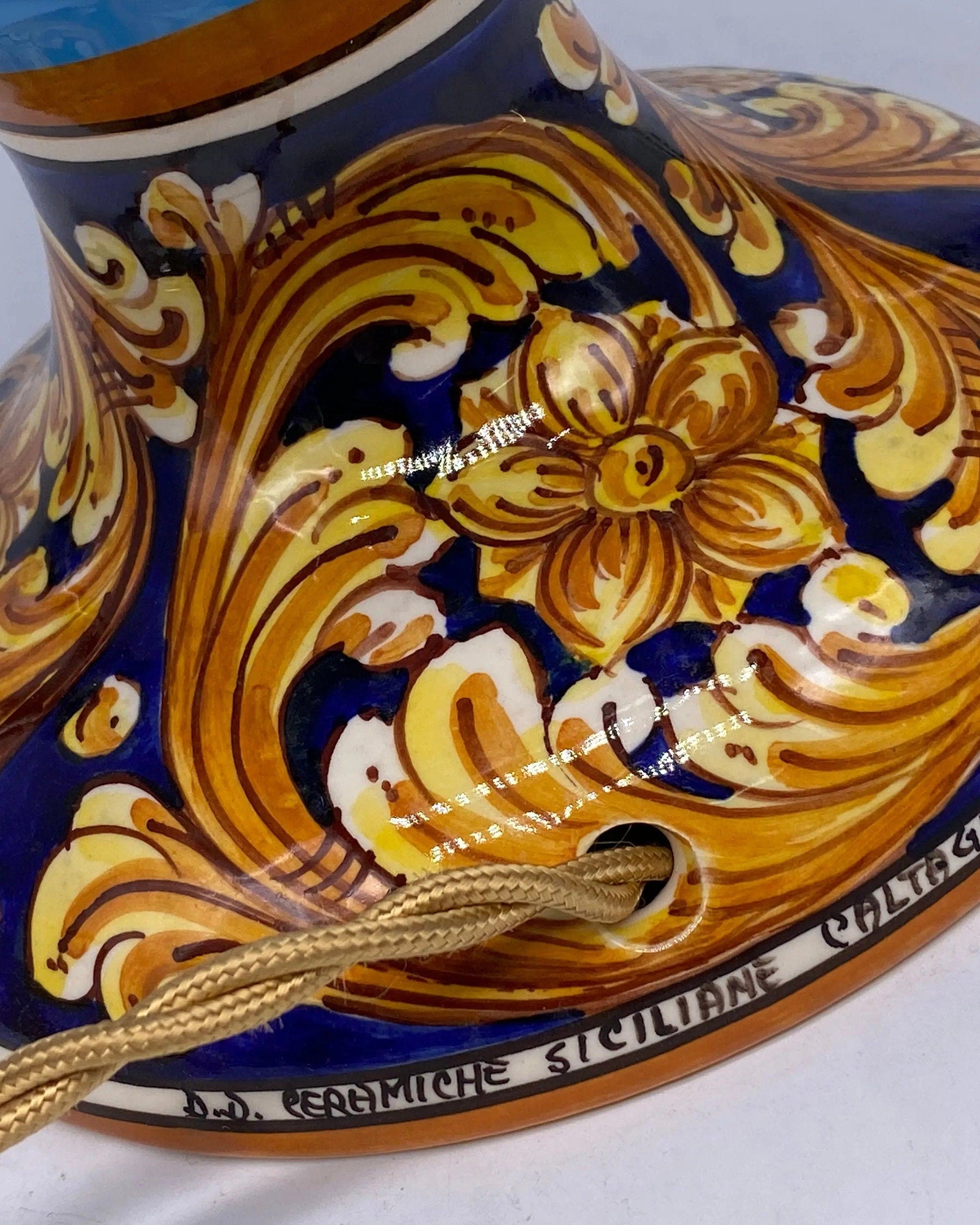 Lampada Pigna Ceramica Caltagirone cm H.30 Artigianale Celeste Base Decorata DD CERAMICHE SICILIANE