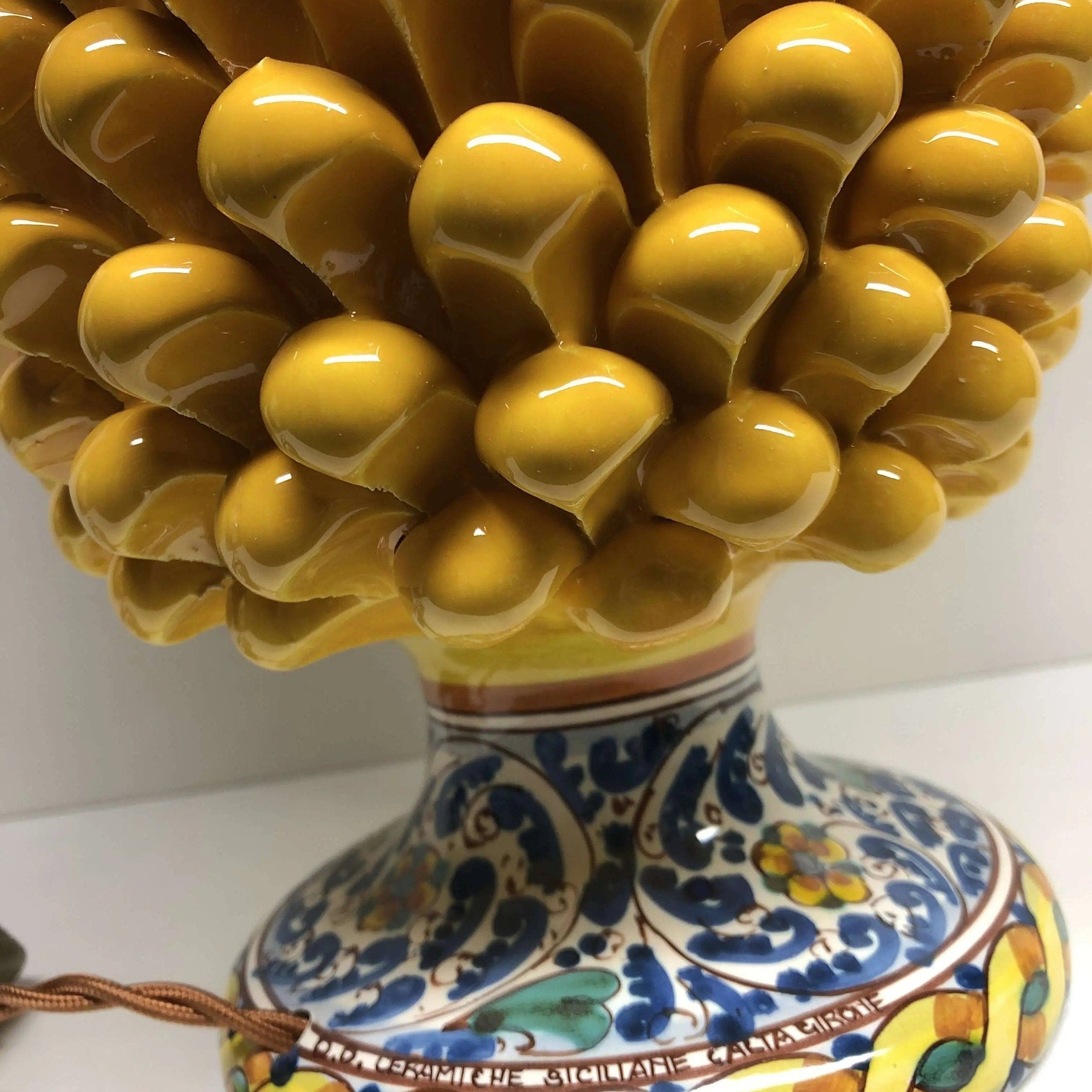 Lampada Pigna Ceramica Caltagirone cm H.30 Artigianale Giallo Base Decorata DD CERAMICHE SICILIANE
