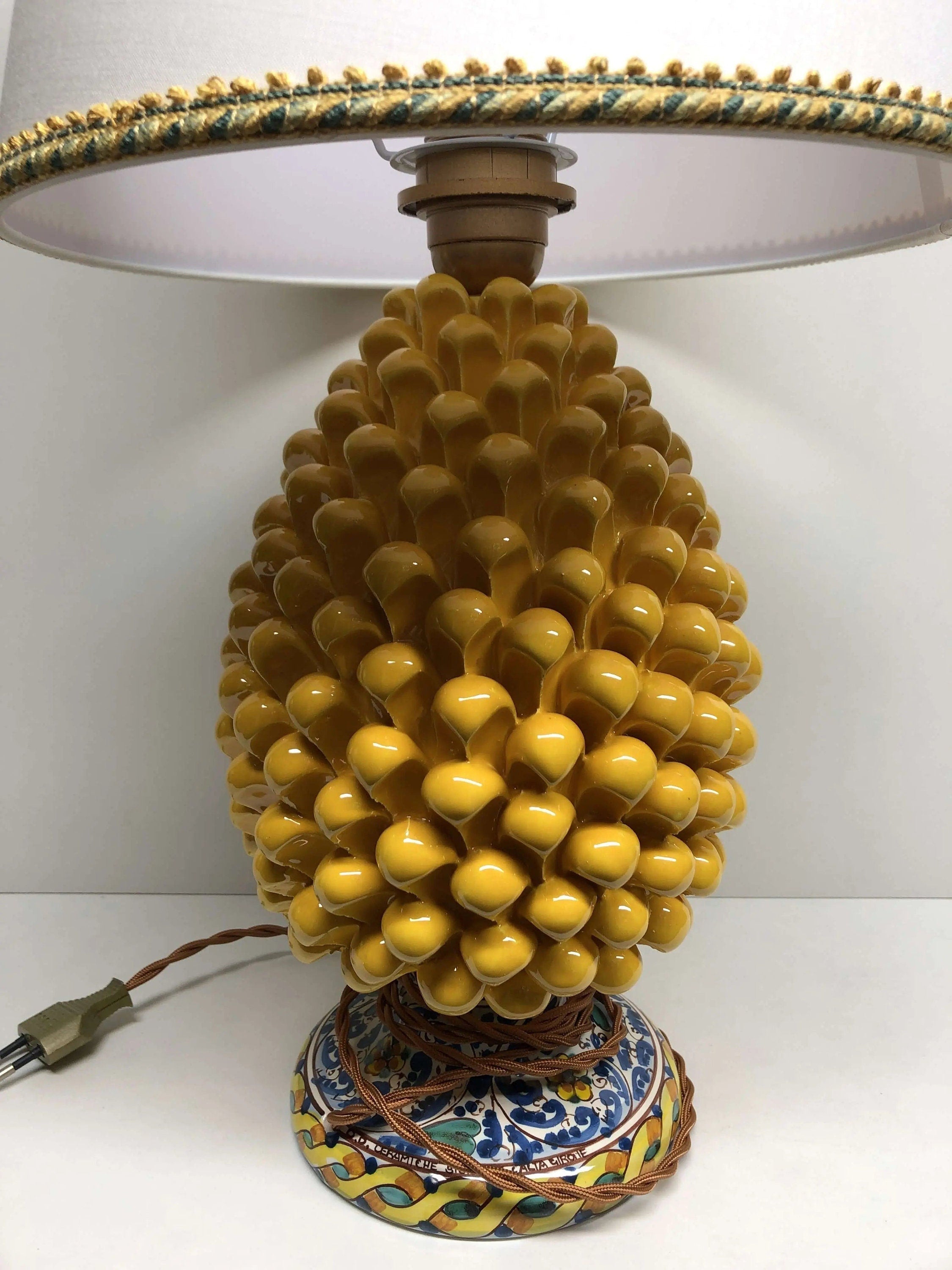 Lampada Pigna Ceramica Caltagirone cm H.30 Artigianale Giallo Base Decorata DD CERAMICHE SICILIANE