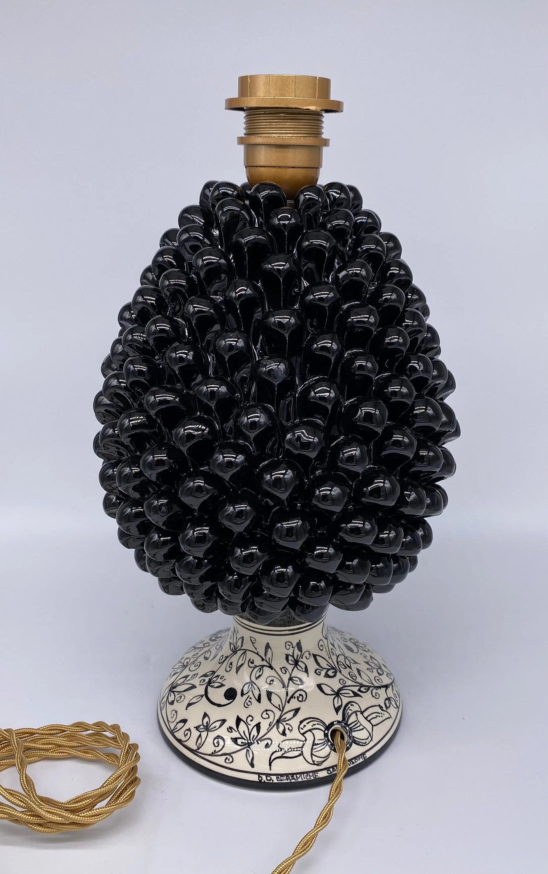 Lampada Pigna Ceramica Caltagirone cm H.30 Artigianale Nero Base Decorata DD CERAMICHE SICILIANE