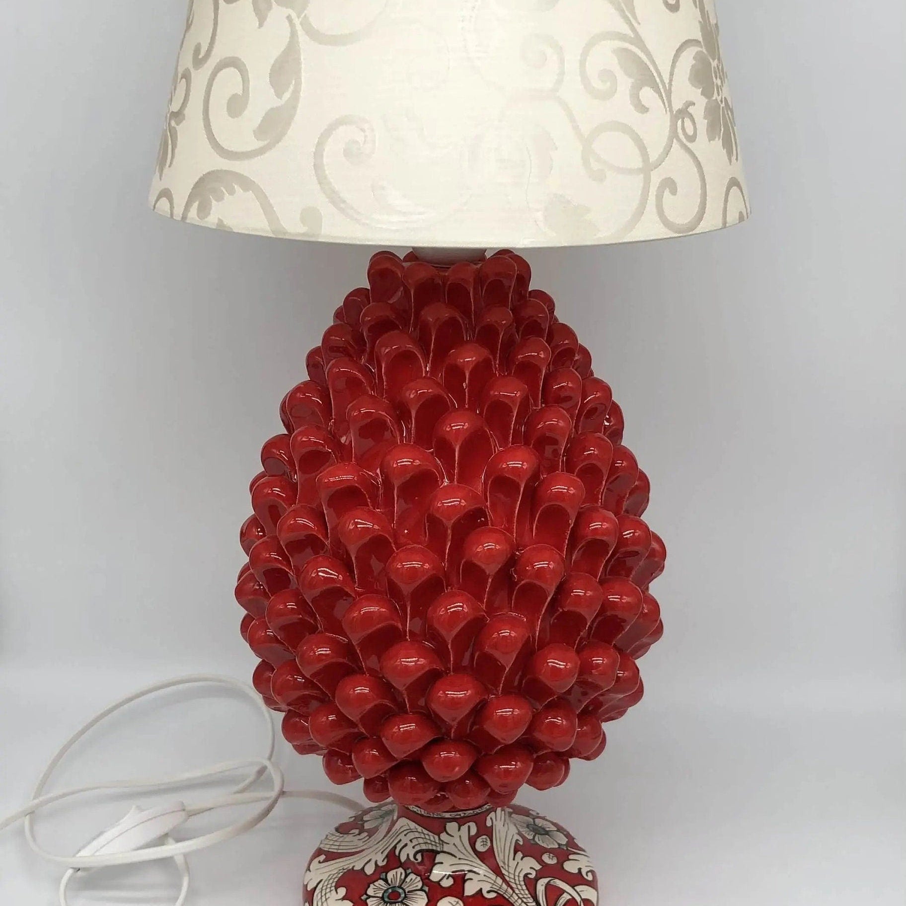 Lampada Pigna Ceramica Caltagirone cm H.30 Artigianale Rosso Base Decorata DD CERAMICHE SICILIANE