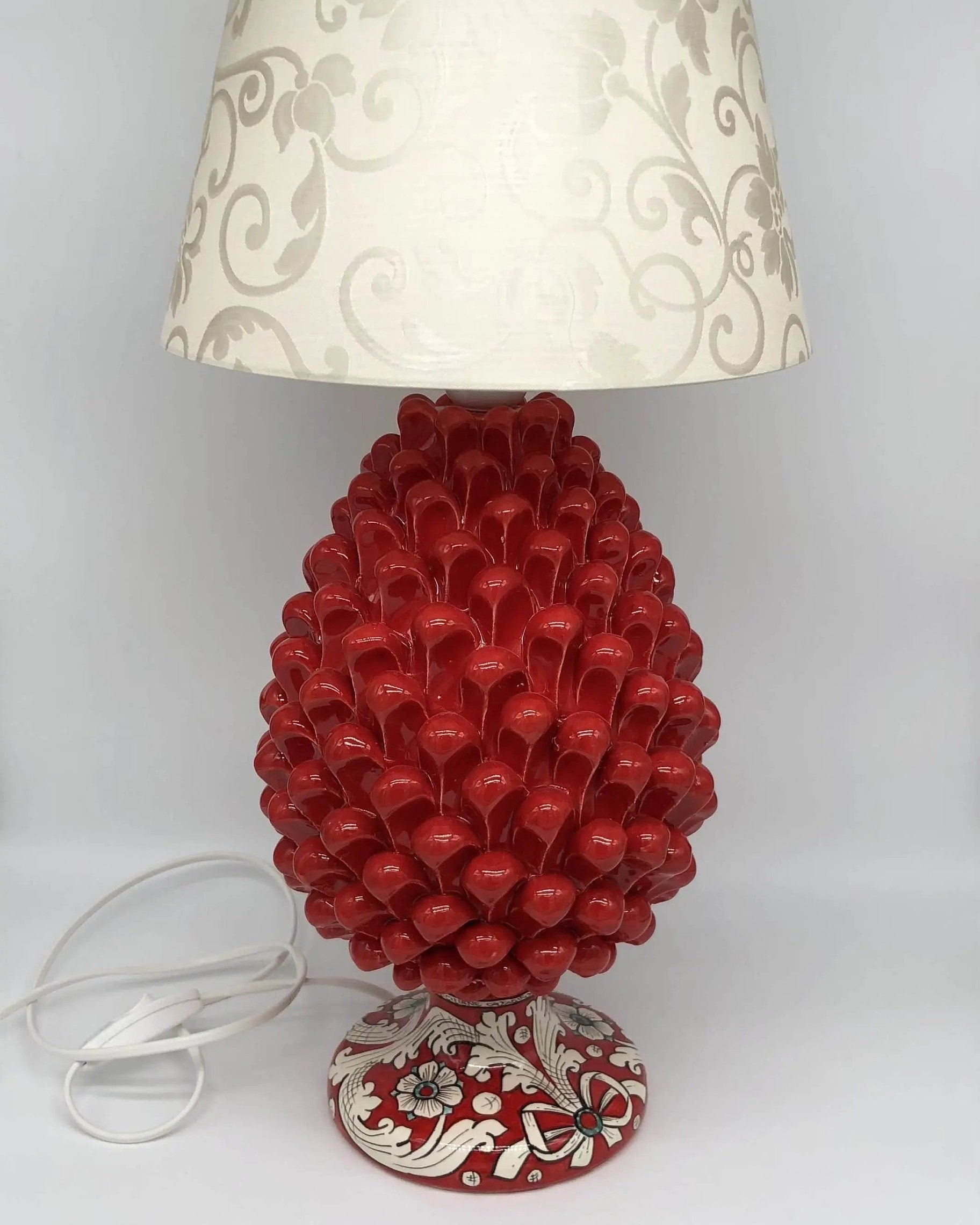 Lampada Pigna Ceramica Caltagirone cm H.30 Artigianale Rosso Base Decorata DD CERAMICHE SICILIANE