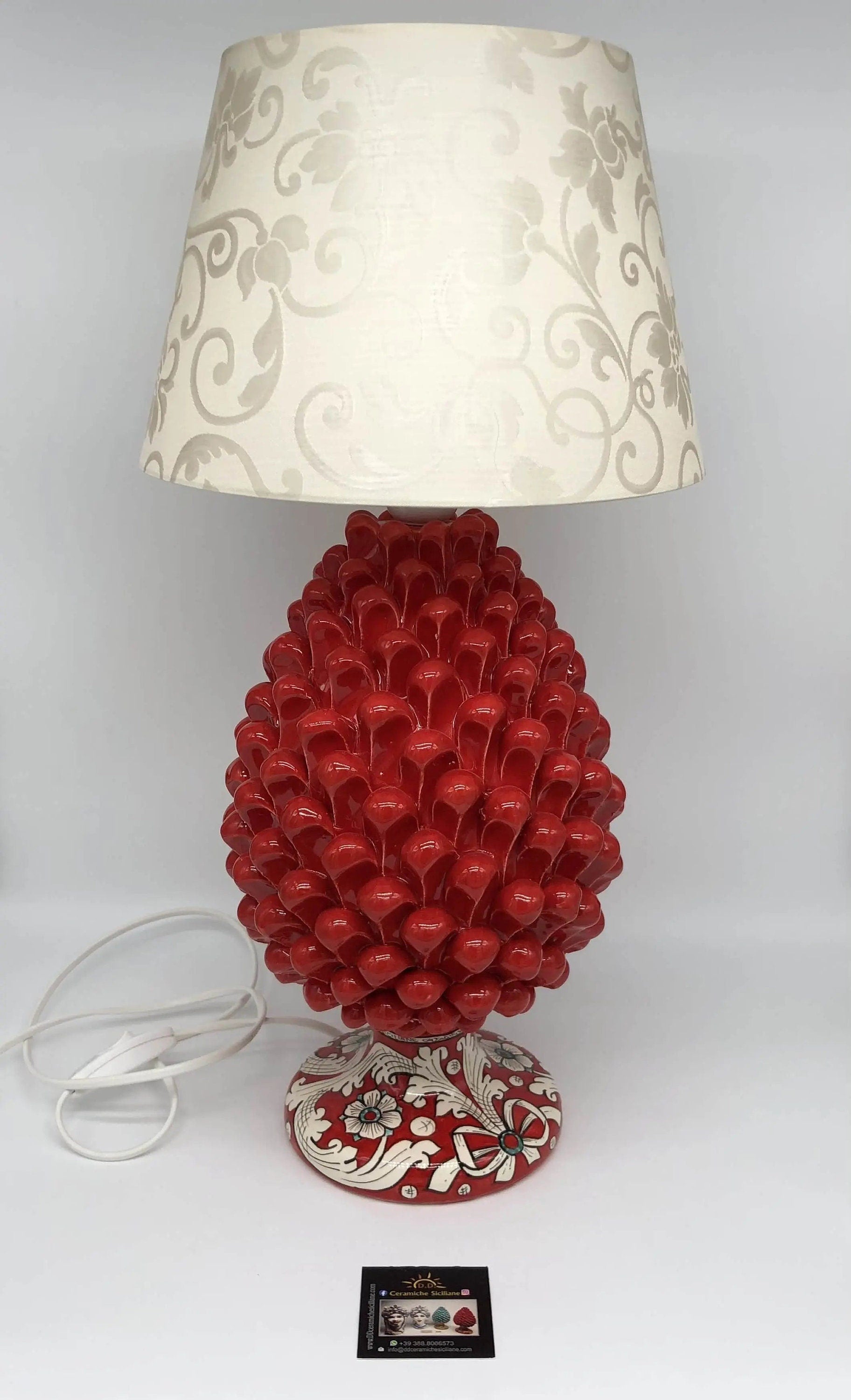 Lampada Pigna Ceramica Caltagirone cm H.30 Artigianale Rosso Base Decorata DD CERAMICHE SICILIANE