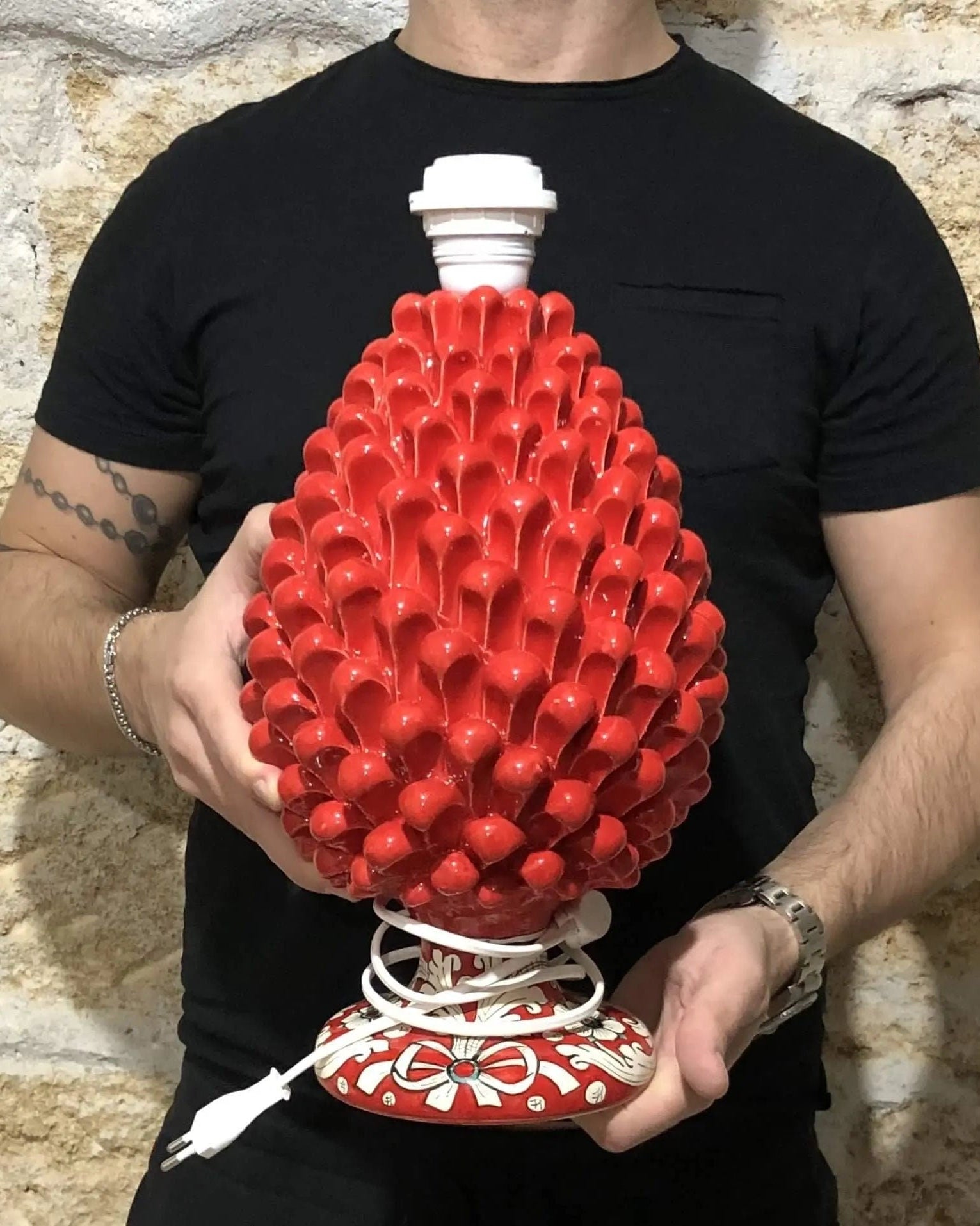 Lampada Pigna Ceramica Caltagirone cm H.30 Artigianale Rosso Base Decorata DD CERAMICHE SICILIANE