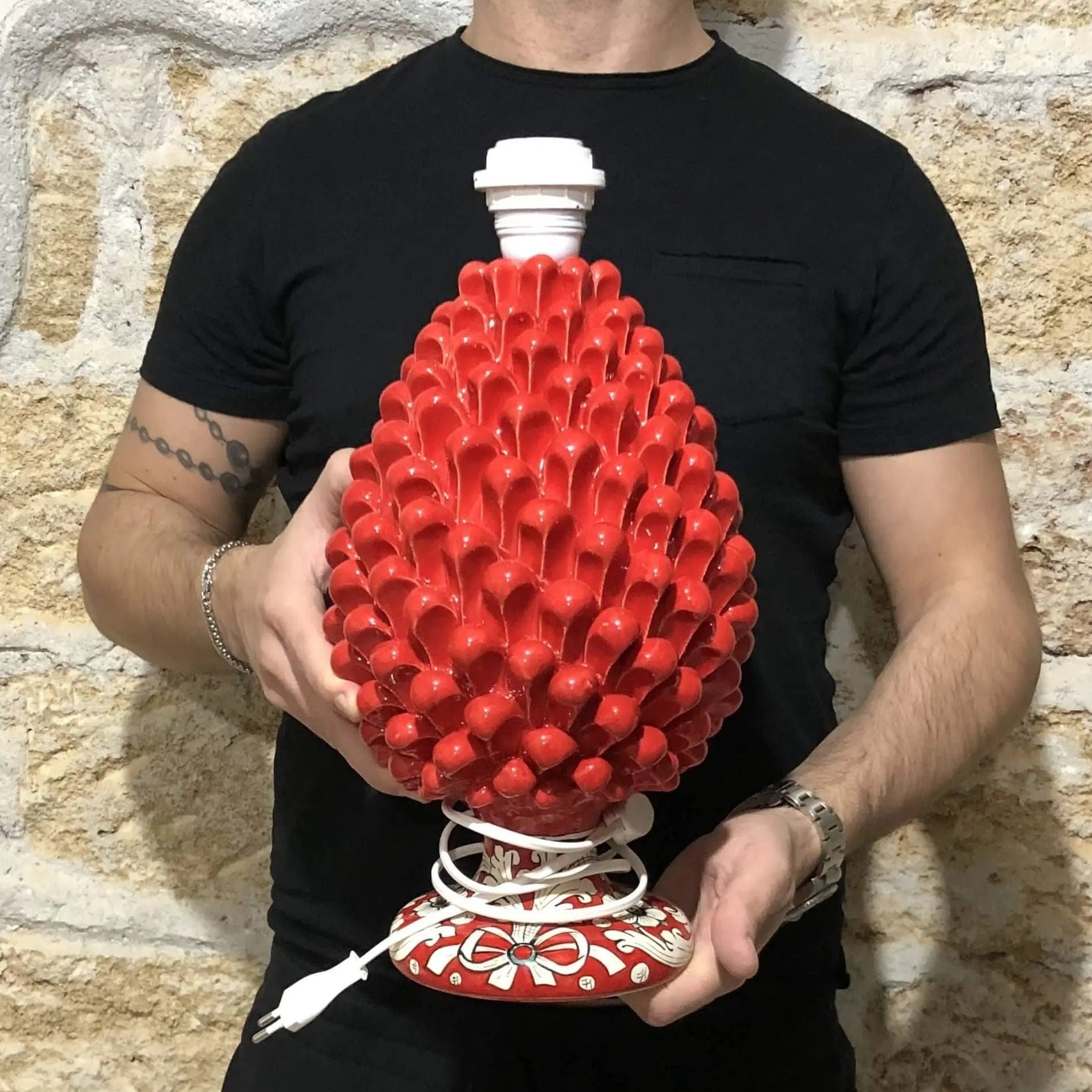 Lampada Pigna Ceramica Caltagirone cm H.30 Artigianale Rosso Base Decorata DD CERAMICHE SICILIANE