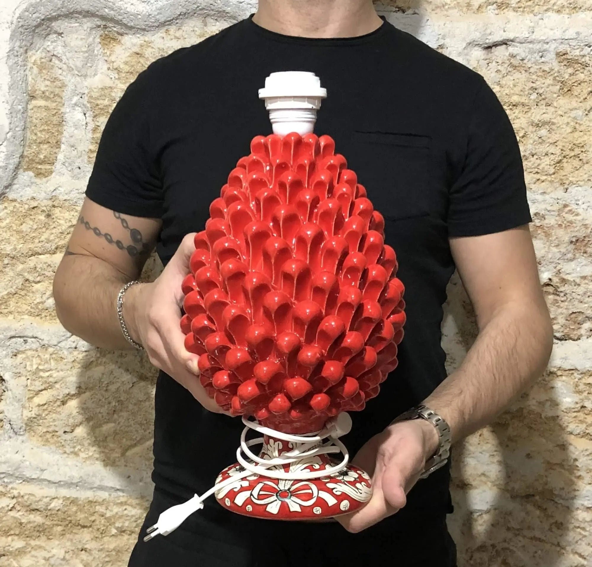 Lampada Pigna Ceramica Caltagirone cm H.30 Artigianale Rosso Base Decorata DD CERAMICHE SICILIANE