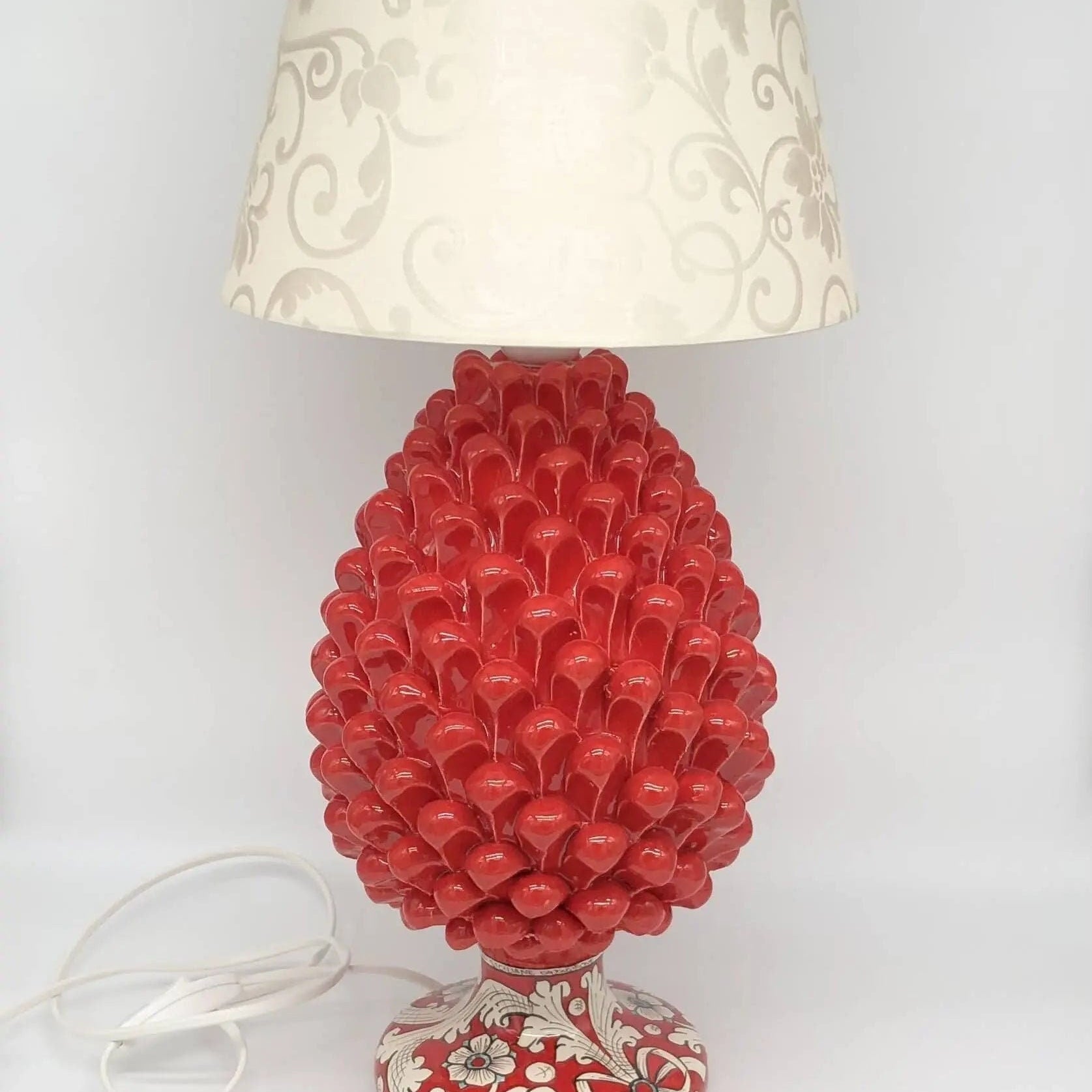 Lampada Pigna Ceramica Caltagirone cm H.30 Artigianale Rosso Base Decorata DD CERAMICHE SICILIANE