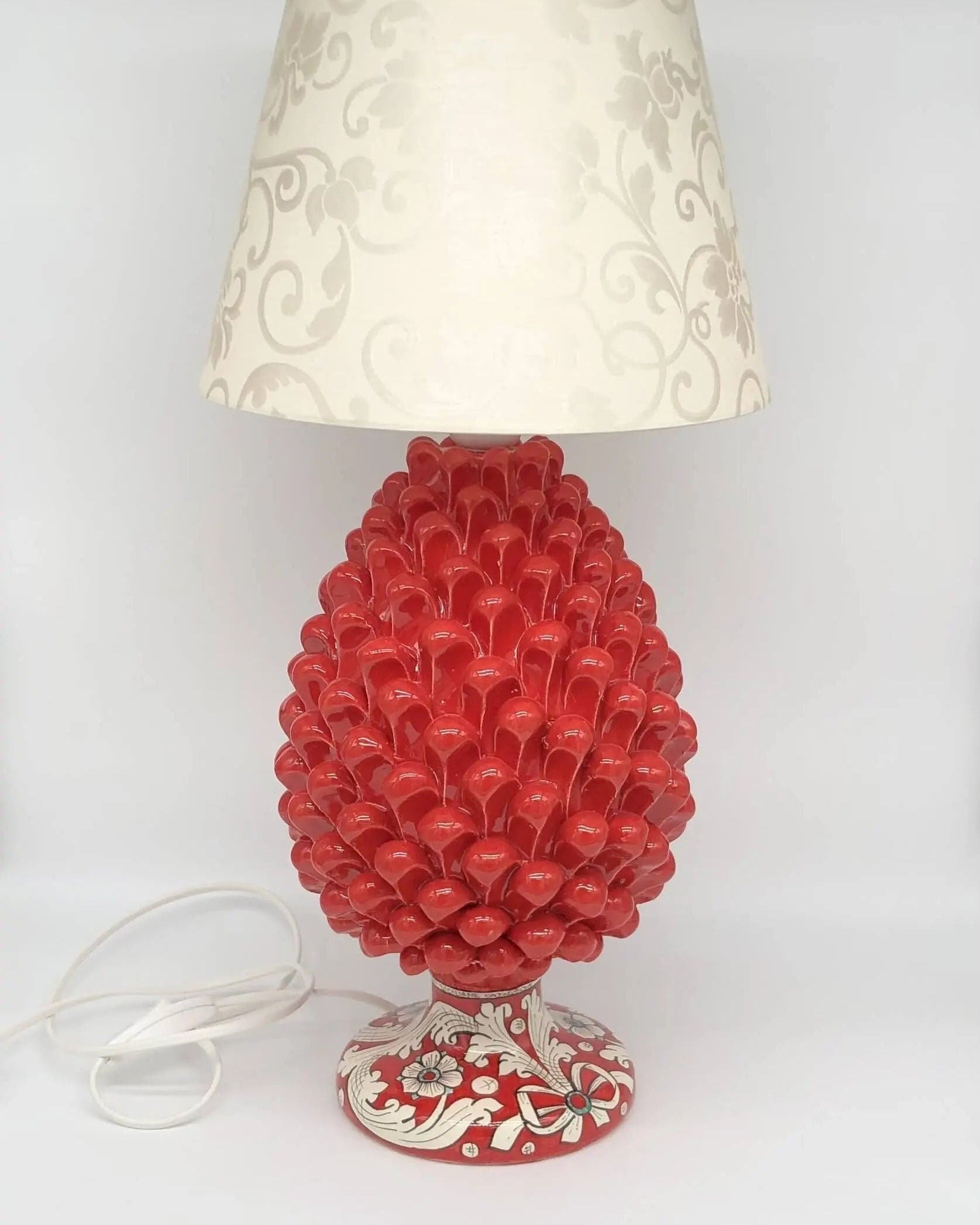 Lampada Pigna Ceramica Caltagirone cm H.30 Artigianale Rosso Base Decorata DD CERAMICHE SICILIANE