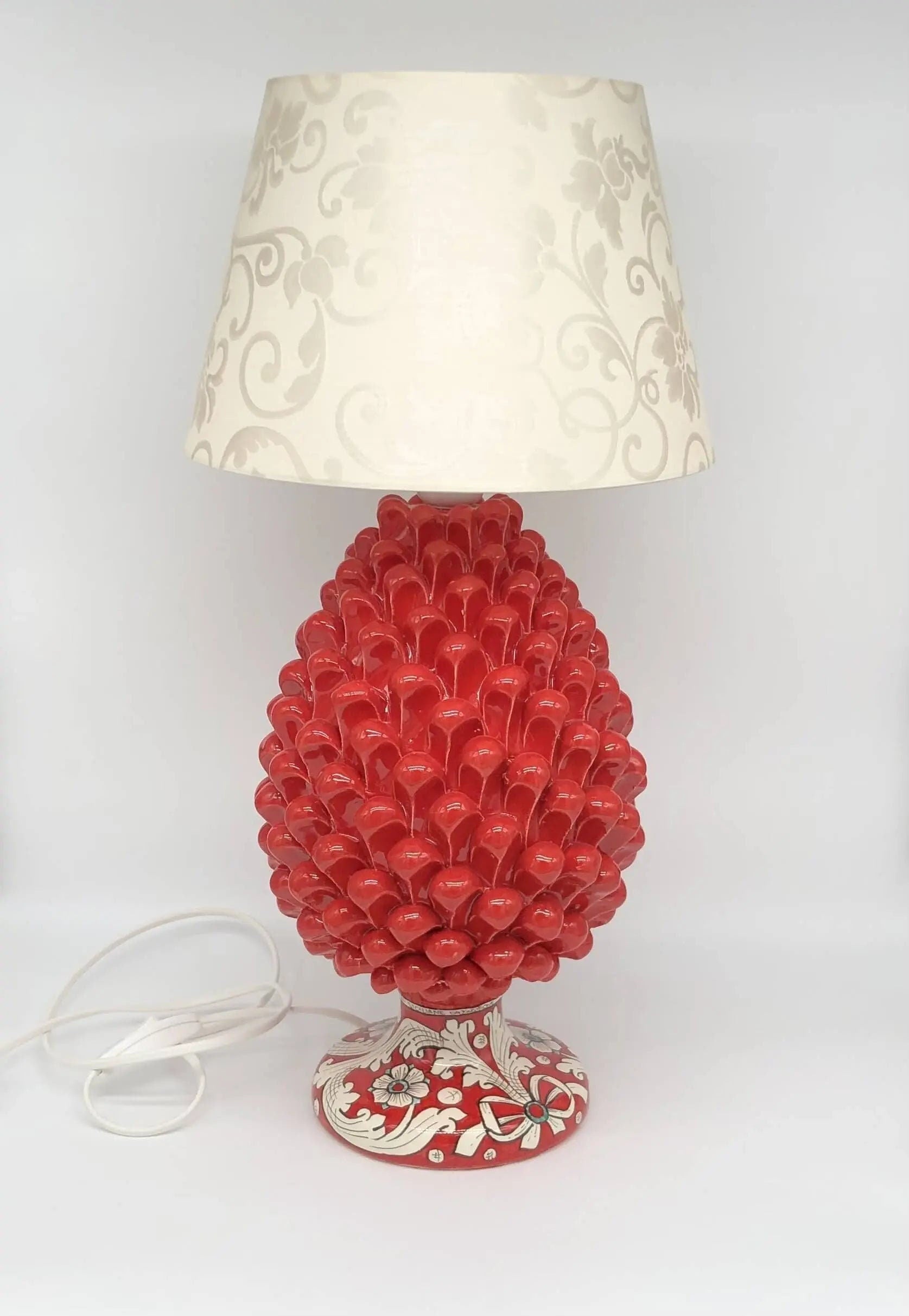 Lampada Pigna Ceramica Caltagirone cm H.30 Artigianale Rosso Base Decorata DD CERAMICHE SICILIANE