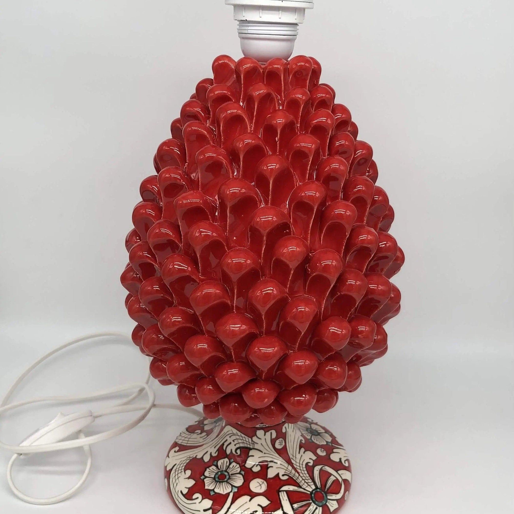 Lampada Pigna Ceramica Caltagirone cm H.30 Artigianale Rosso Base Decorata DD CERAMICHE SICILIANE