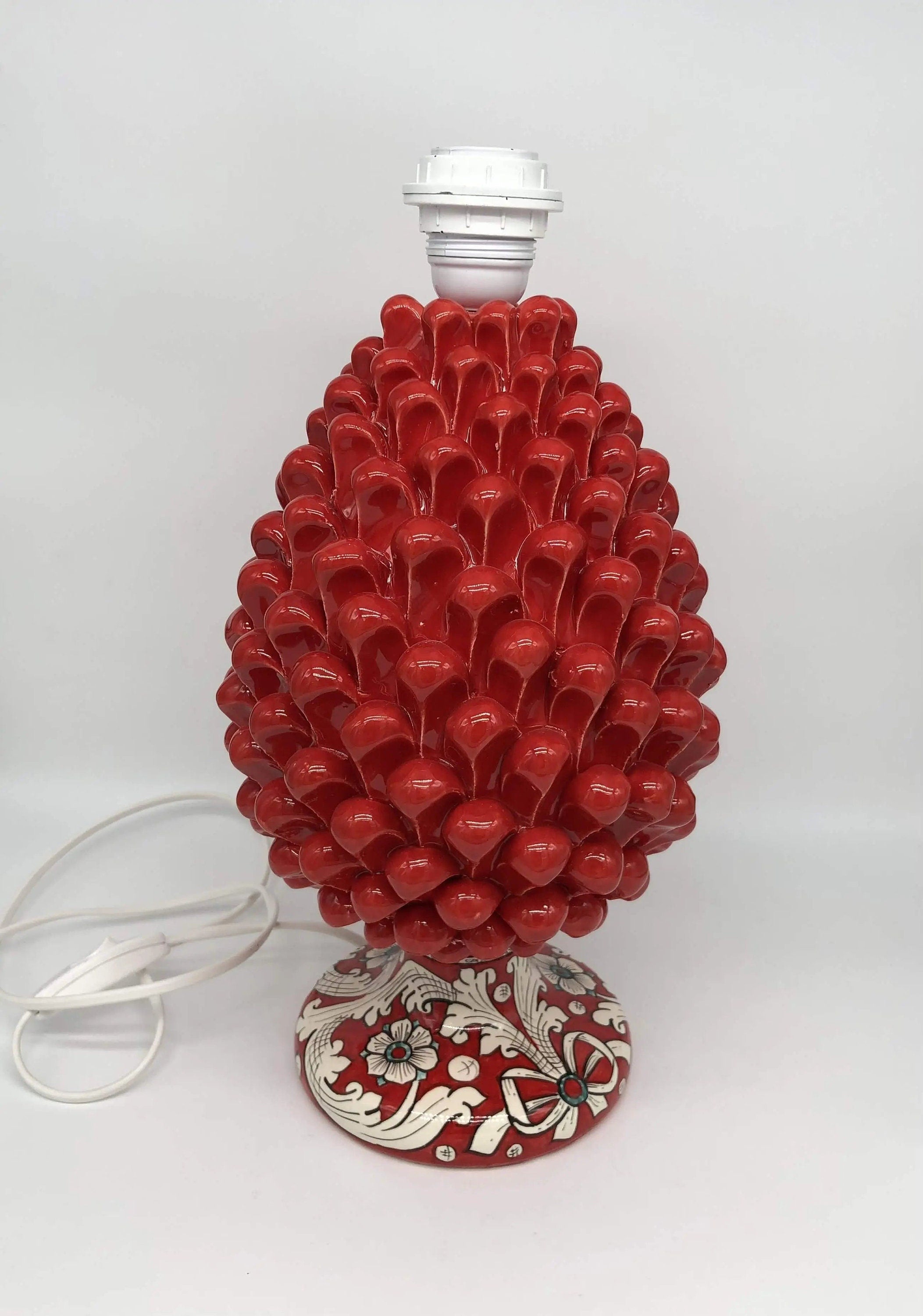 Lampada Pigna Ceramica Caltagirone cm H.30 Artigianale Rosso Base Decorata DD CERAMICHE SICILIANE