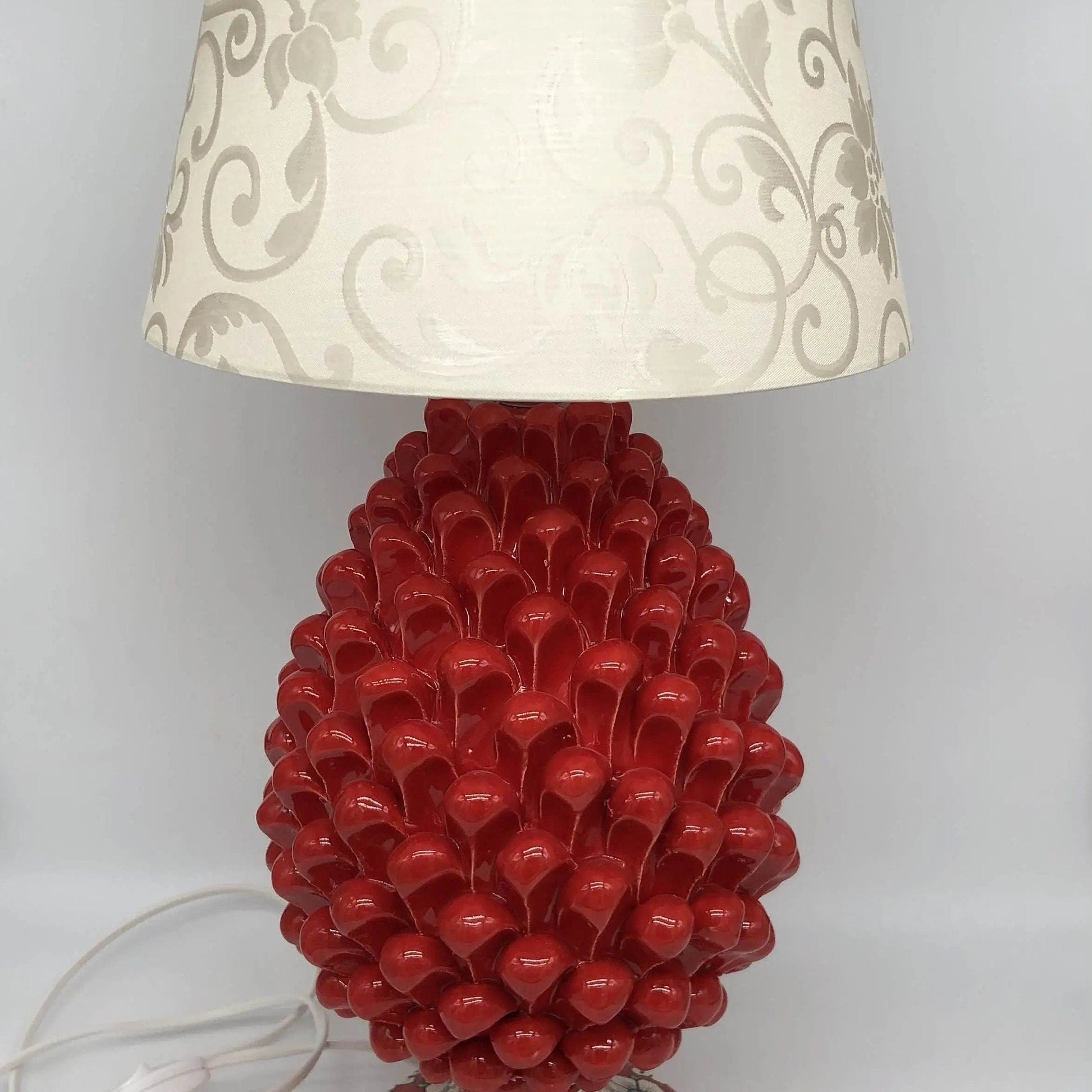 Lampada Pigna Ceramica Caltagirone cm H.30 Artigianale Rosso Base Decorata DD CERAMICHE SICILIANE