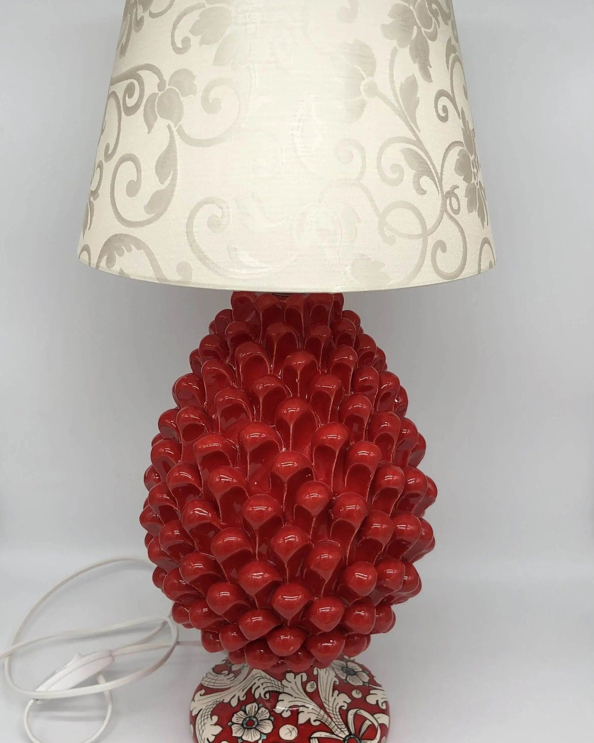 Lampada Pigna Ceramica Caltagirone cm H.30 Artigianale Rosso Base Decorata DD CERAMICHE SICILIANE