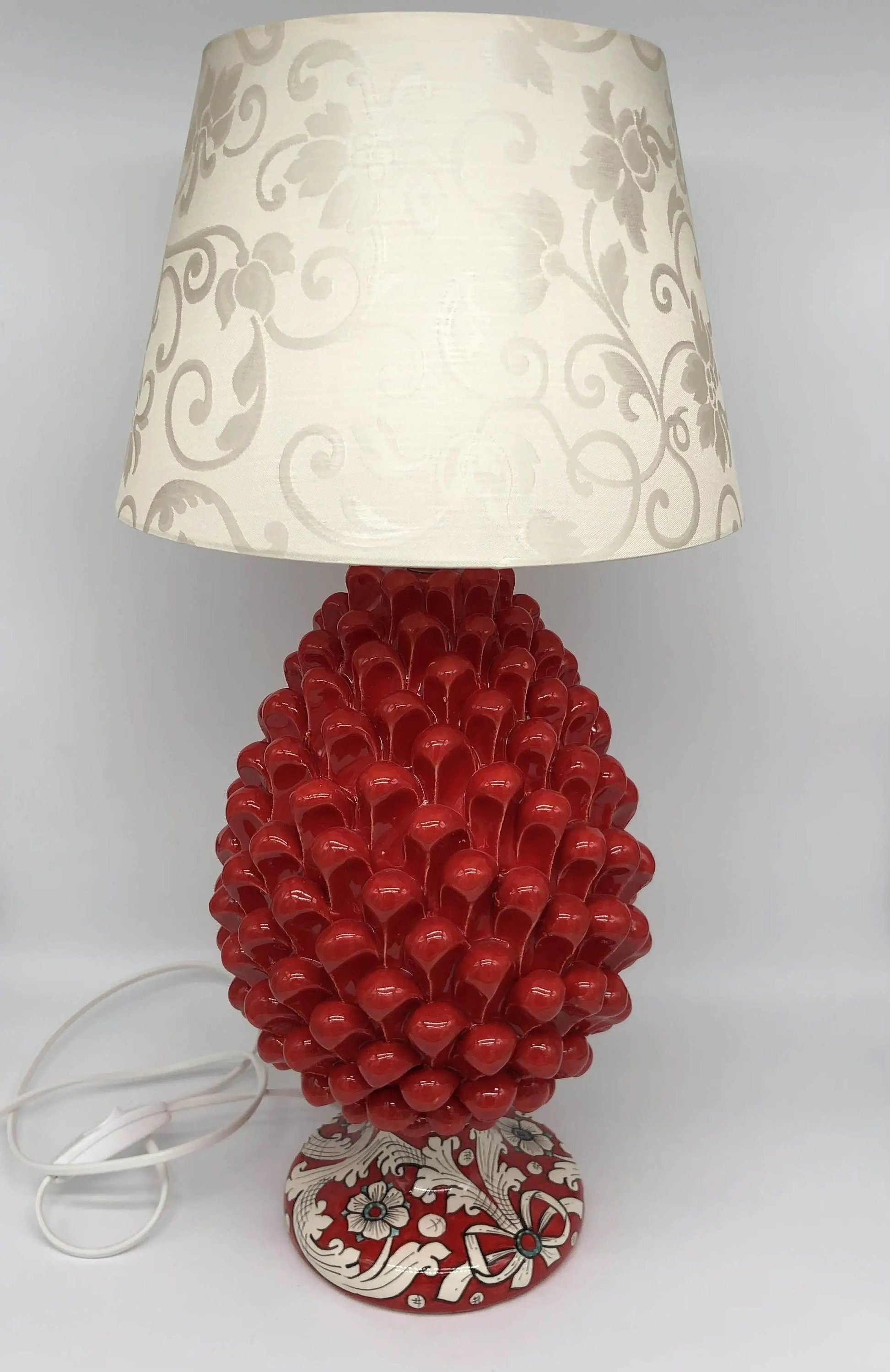 Lampada Pigna Ceramica Caltagirone cm H.30 Artigianale Rosso Base Decorata DD CERAMICHE SICILIANE