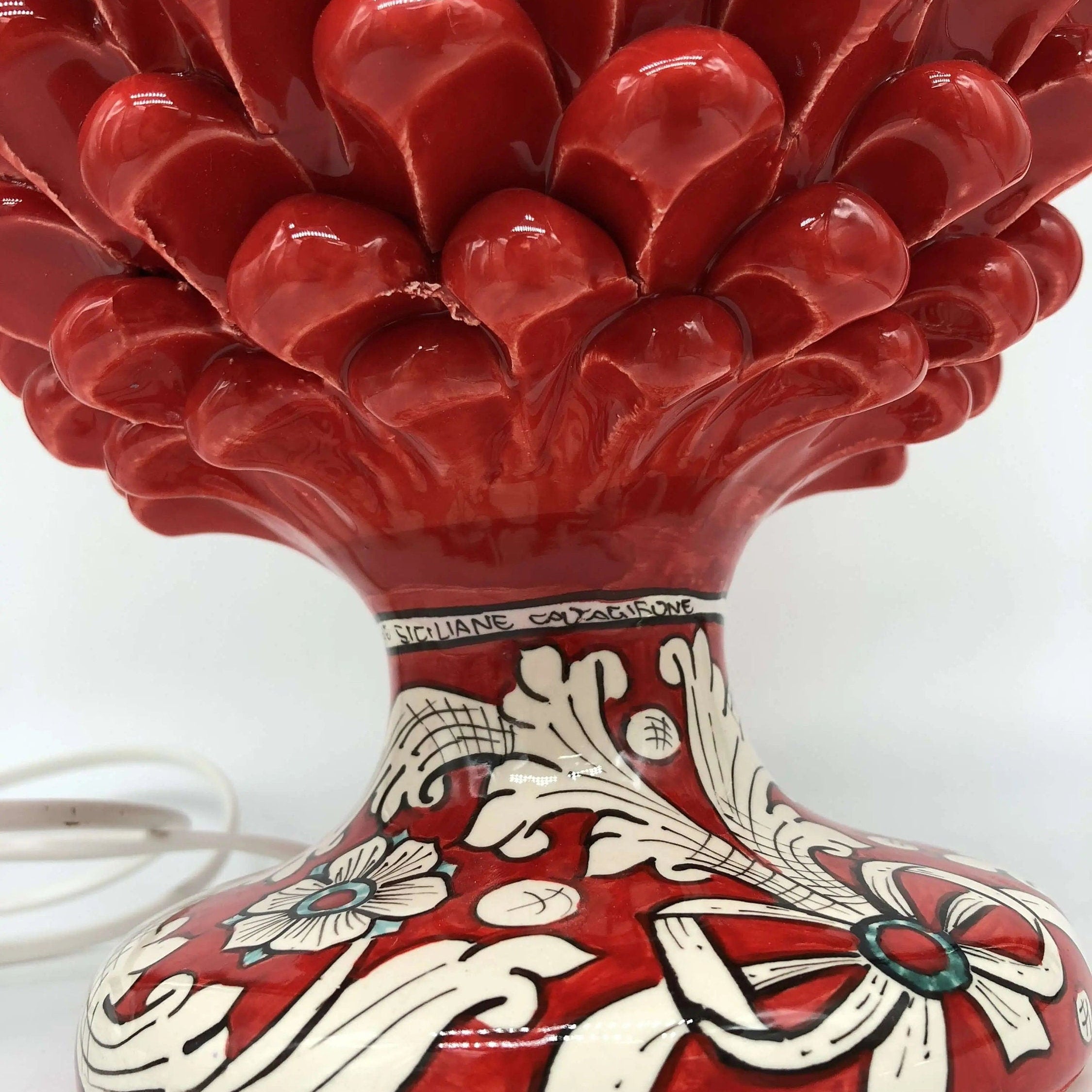 Lampada Pigna Ceramica Caltagirone cm H.30 Artigianale Rosso Base Decorata DD CERAMICHE SICILIANE