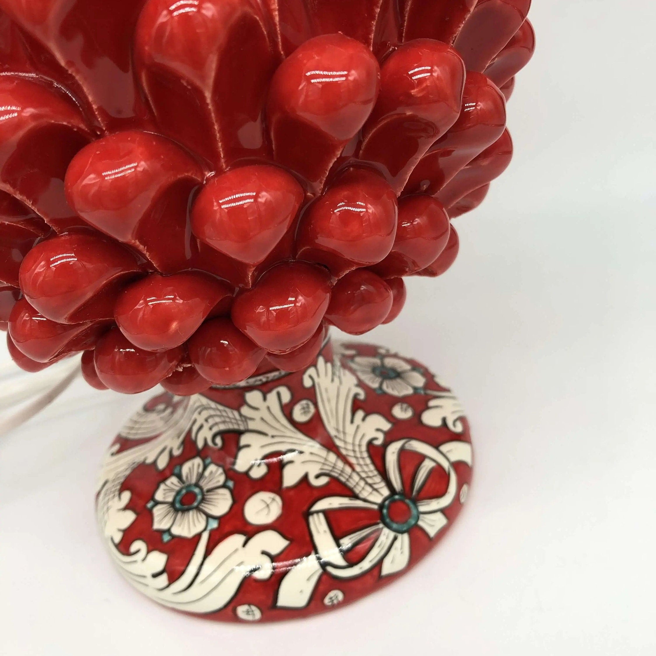Lampada Pigna Ceramica Caltagirone cm H.30 Artigianale Rosso Base Decorata DD CERAMICHE SICILIANE
