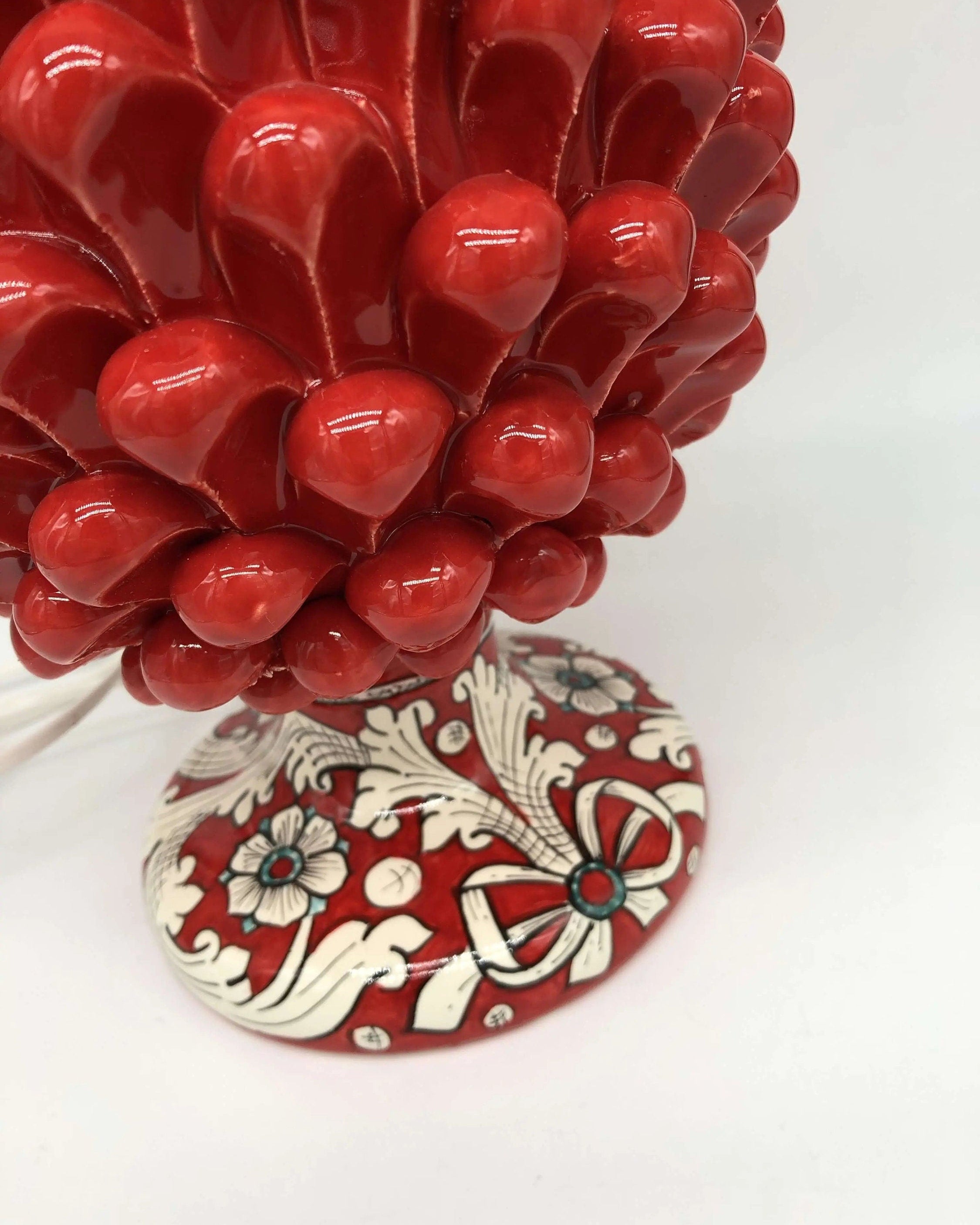 Lampada Pigna Ceramica Caltagirone cm H.30 Artigianale Rosso Base Decorata DD CERAMICHE SICILIANE