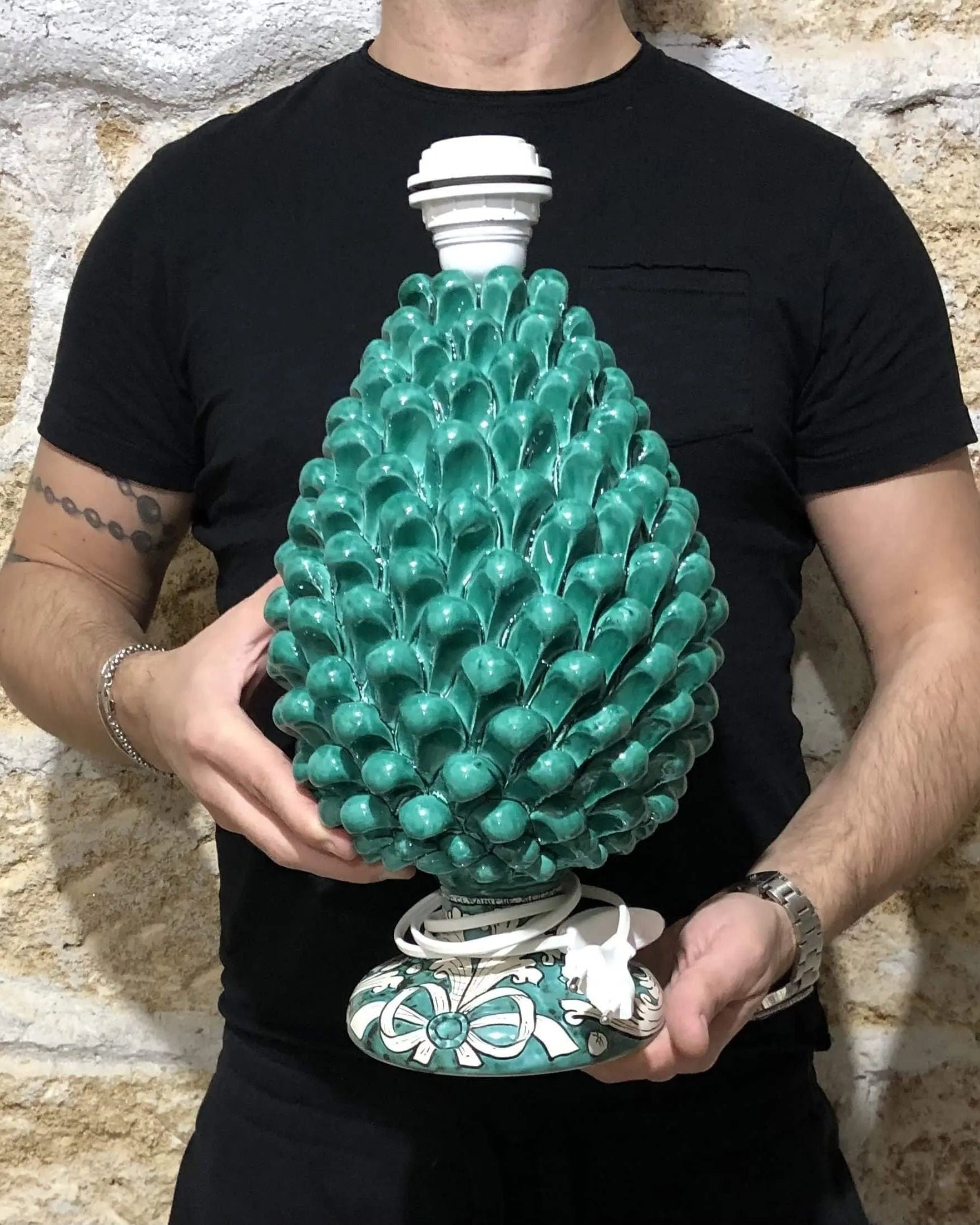 Lampada Pigna Ceramica Caltagirone cm H.30 Artigianale Verde Cristallo Base Decorata DD CERAMICHE SICILIANE