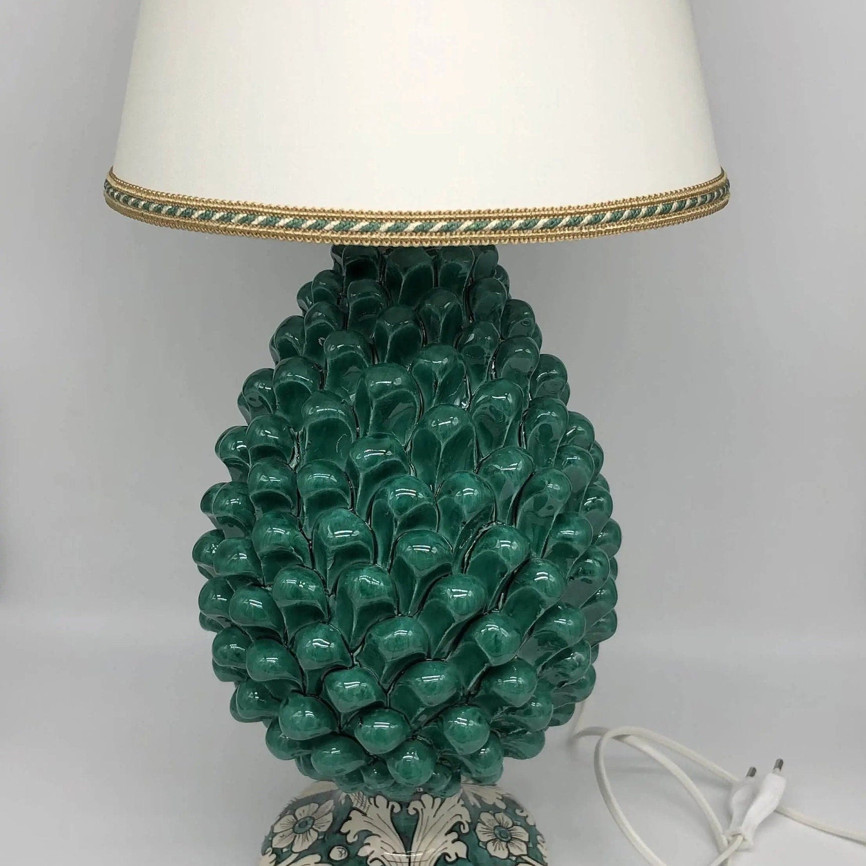Lampada Pigna Ceramica Caltagirone cm H.30 Artigianale Verde Cristallo Base Decorata DD CERAMICHE SICILIANE