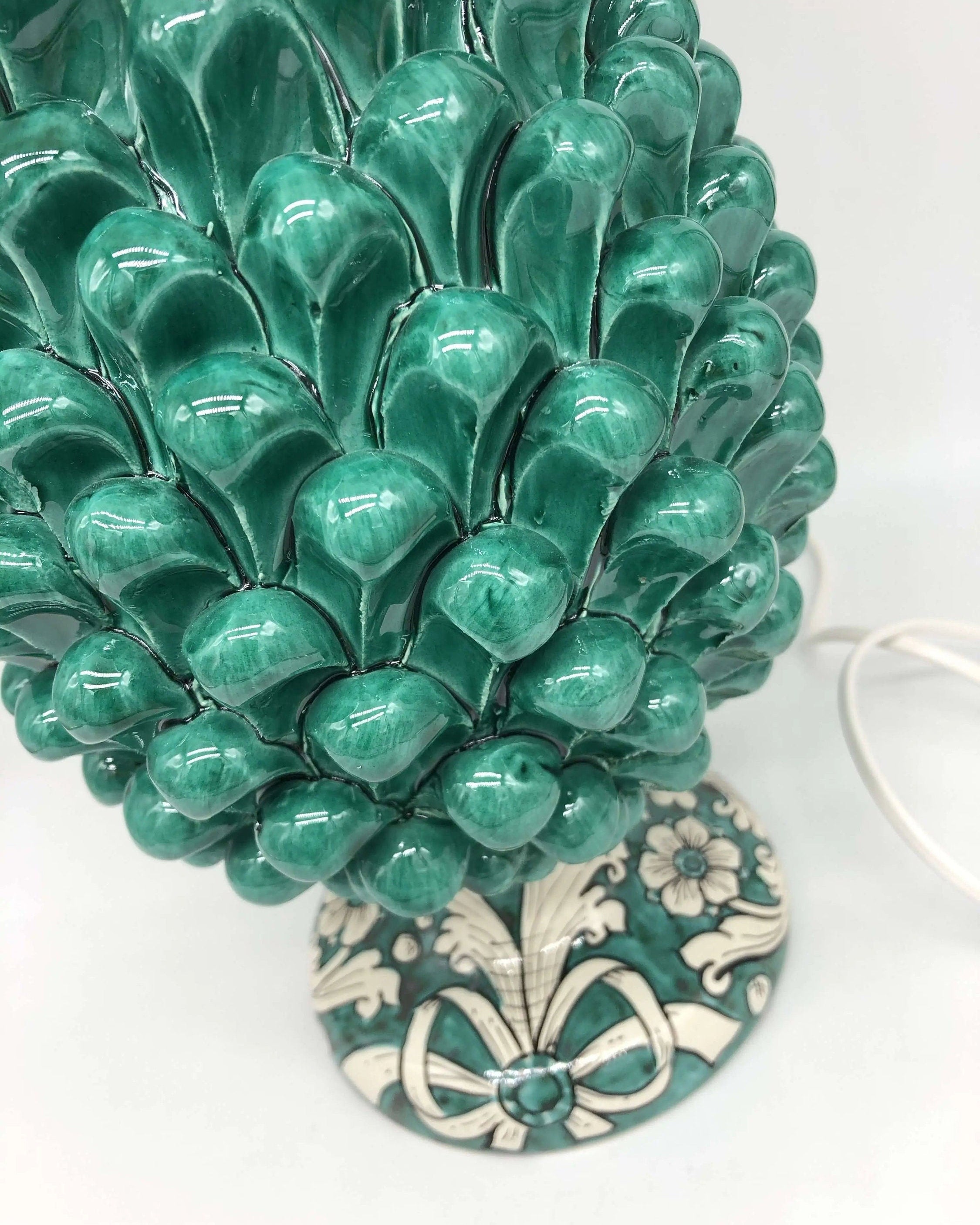 Lampada Pigna Ceramica Caltagirone cm H.30 Artigianale Verde Cristallo Base Decorata DD CERAMICHE SICILIANE