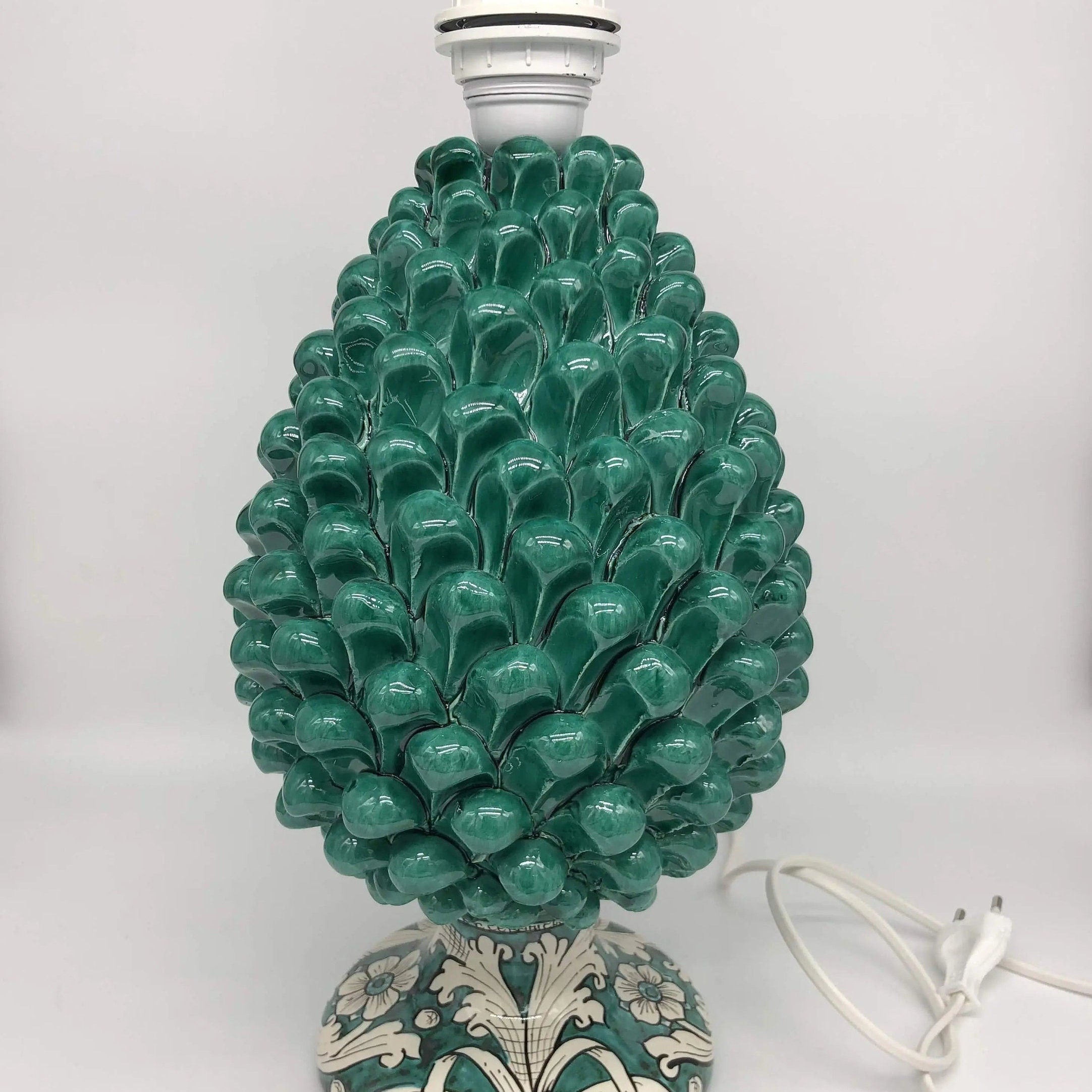 Lampada Pigna Ceramica Caltagirone cm H.30 Artigianale Verde Cristallo Base Decorata DD CERAMICHE SICILIANE