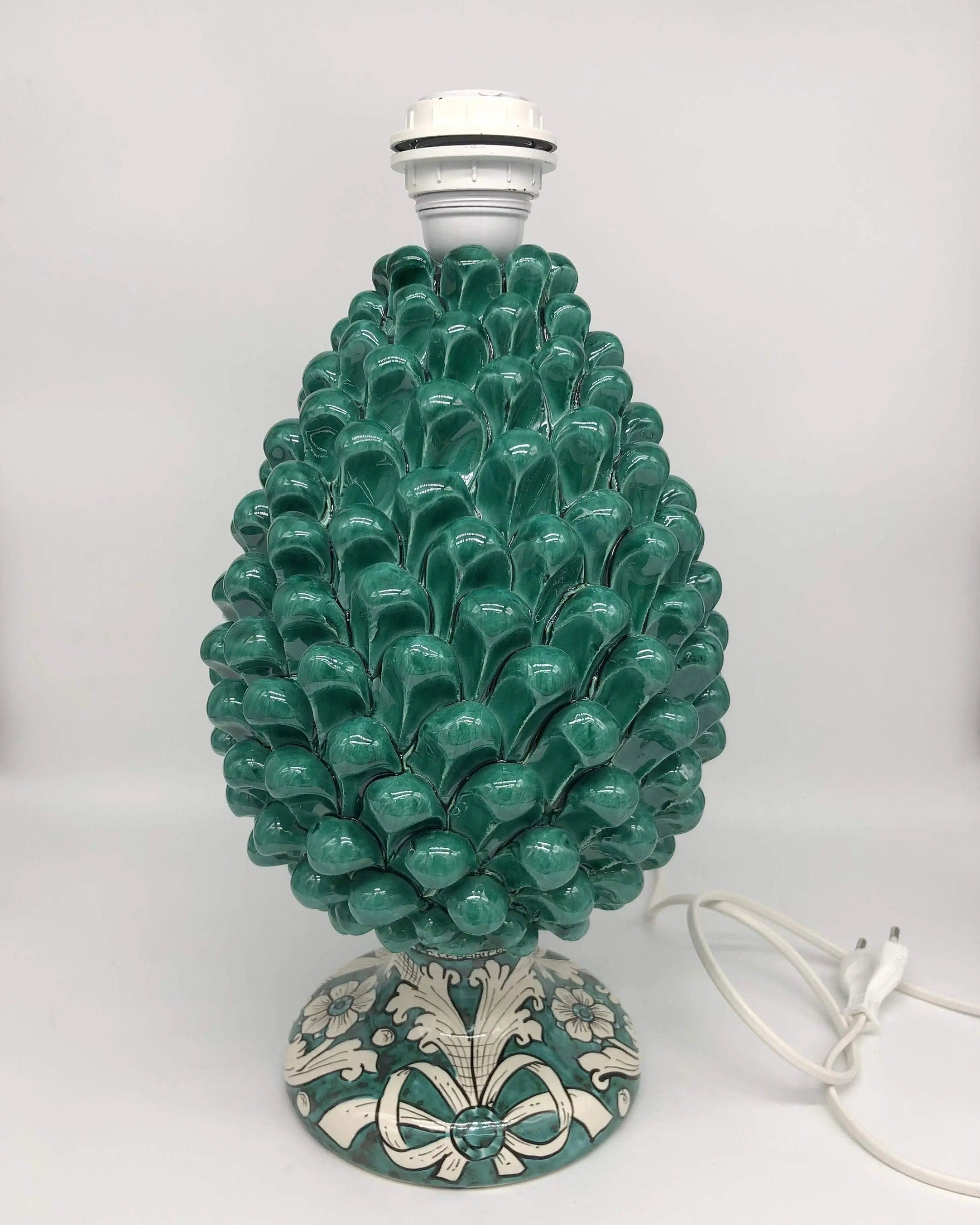 Lampada Pigna Ceramica Caltagirone cm H.30 Artigianale Verde Cristallo Base Decorata DD CERAMICHE SICILIANE
