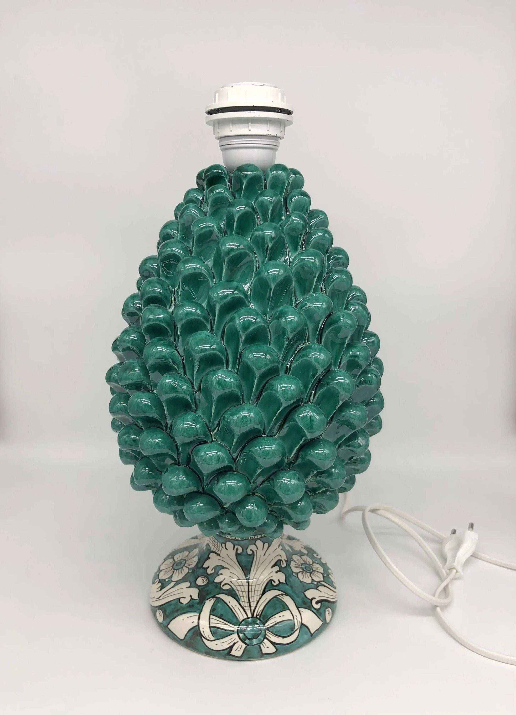 Lampada Pigna Ceramica Caltagirone cm H.30 Artigianale Verde Cristallo Base Decorata DD CERAMICHE SICILIANE