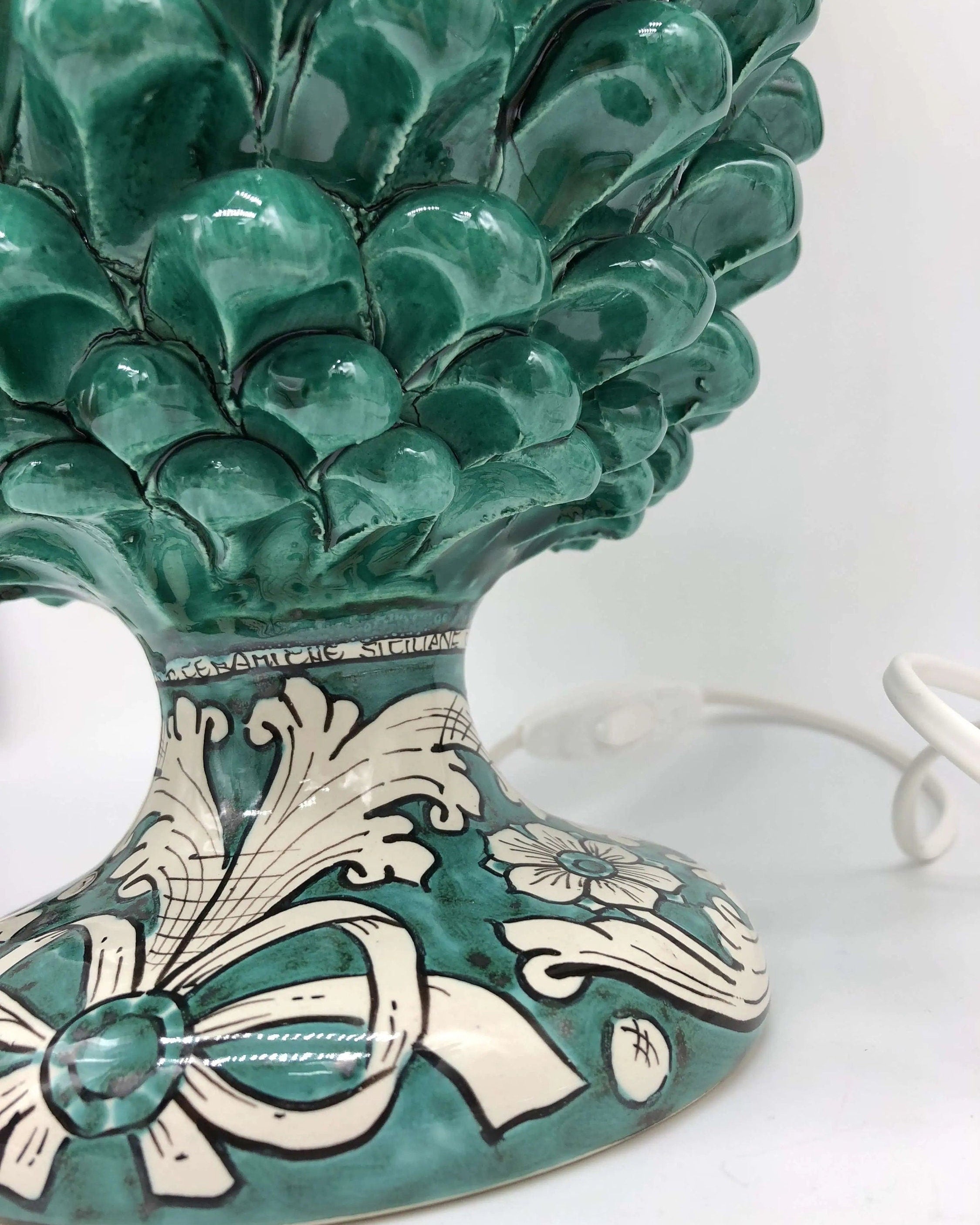 Lampada Pigna Ceramica Caltagirone cm H.30 Artigianale Verde Cristallo Base Decorata DD CERAMICHE SICILIANE
