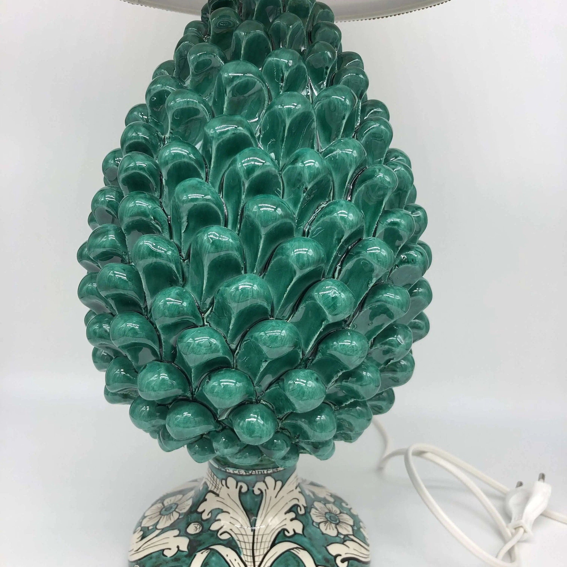 Lampada Pigna Ceramica Caltagirone cm H.30 Artigianale Verde Cristallo Base Decorata DD CERAMICHE SICILIANE
