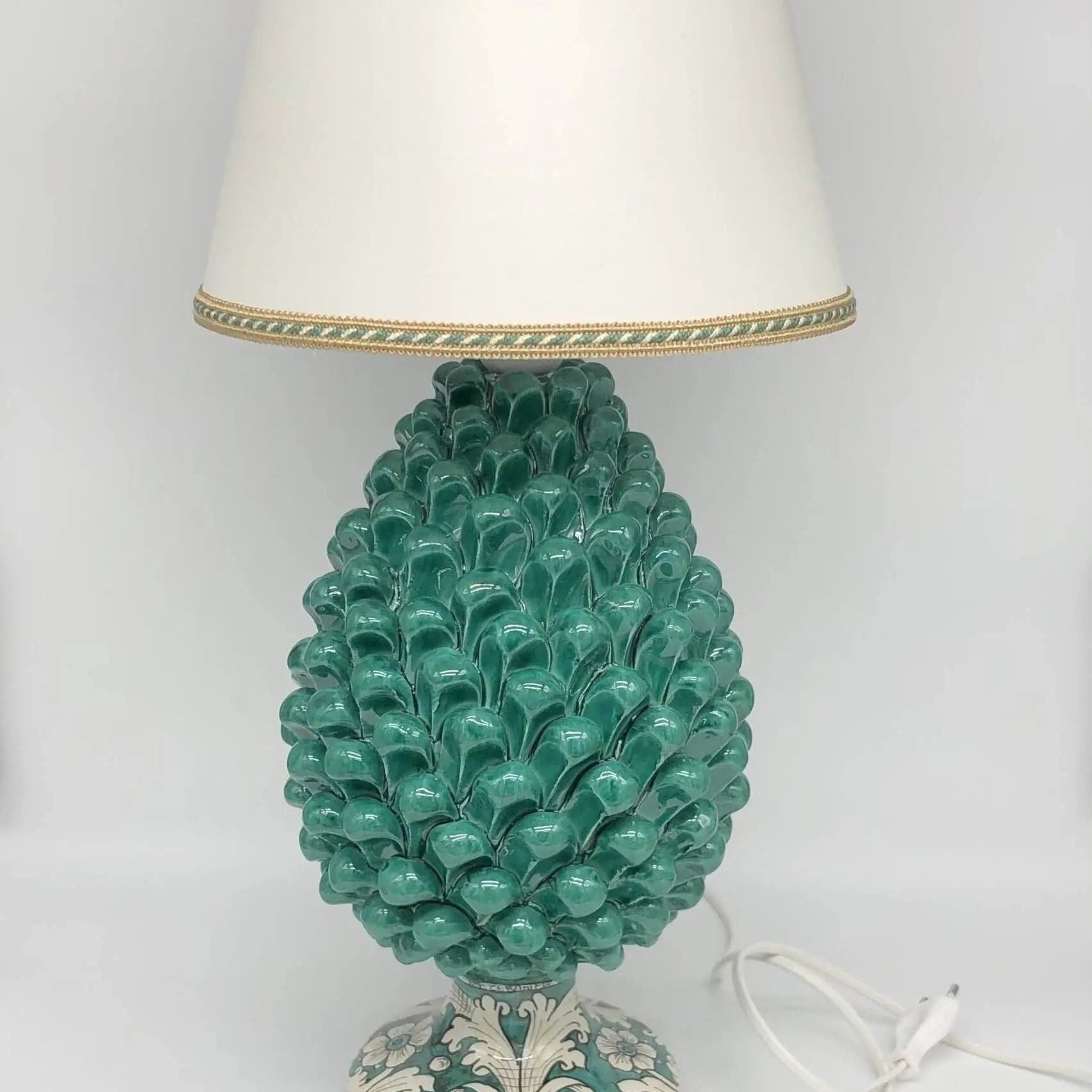 Lampada Pigna Ceramica Caltagirone cm H.30 Artigianale Verde Cristallo Base Decorata DD CERAMICHE SICILIANE