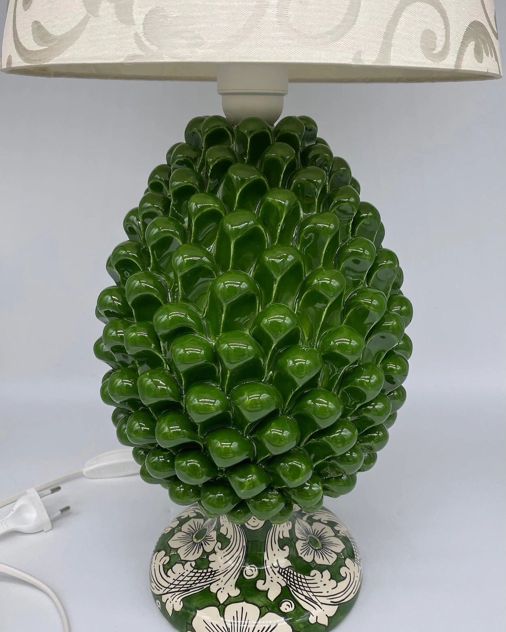 Lampada Pigna Ceramica Caltagirone cm H.30 Artigianale Verde Oliva Base Decorata DD CERAMICHE SICILIANE