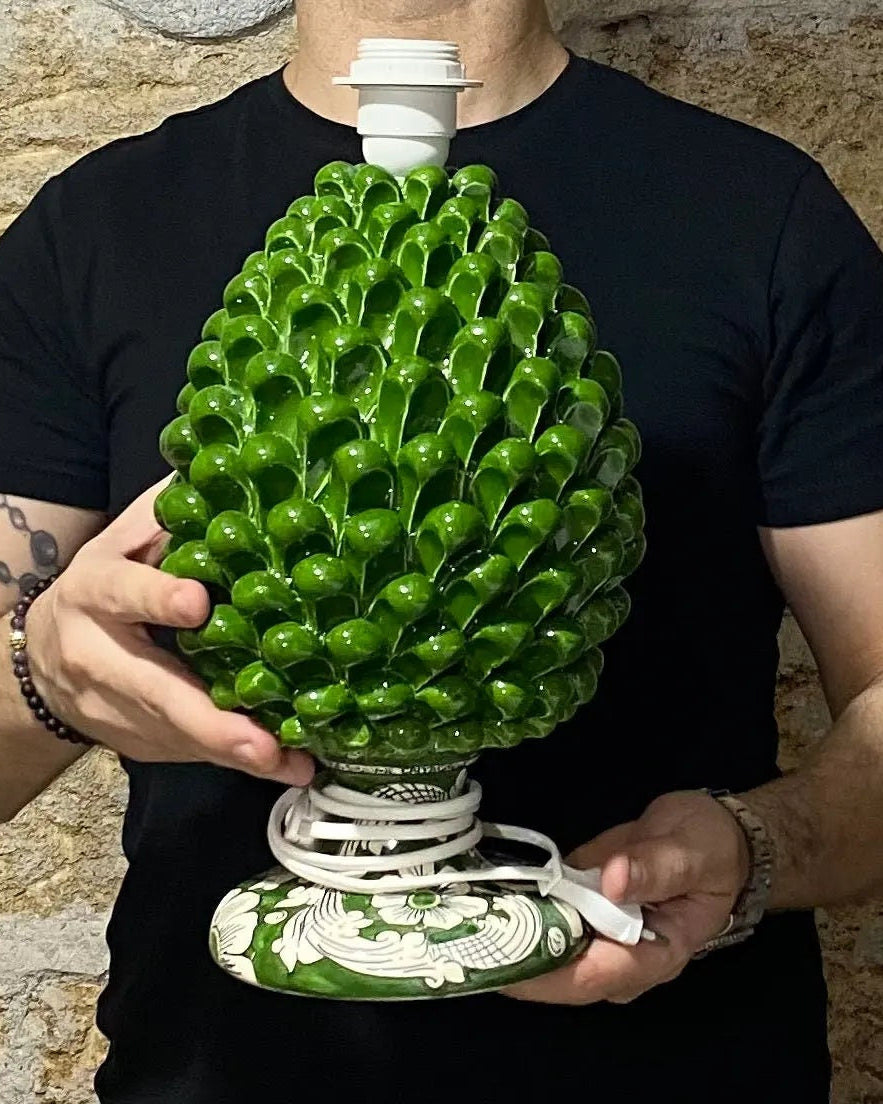 Lampada Pigna Ceramica Caltagirone cm H.30 Artigianale Verde Oliva Base Decorata DD CERAMICHE SICILIANE