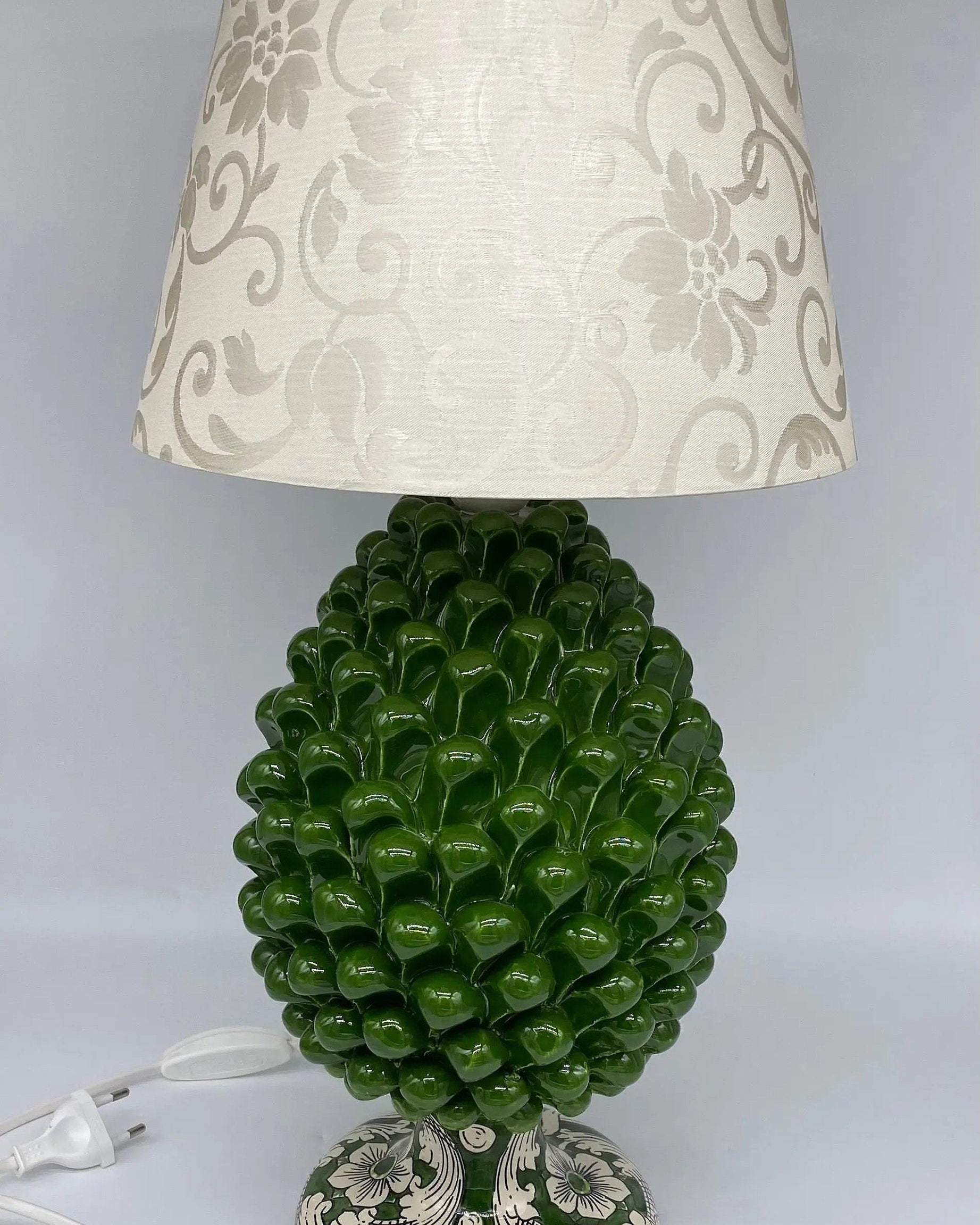Lampada Pigna Ceramica Caltagirone cm H.30 Artigianale Verde Oliva Base Decorata DD CERAMICHE SICILIANE