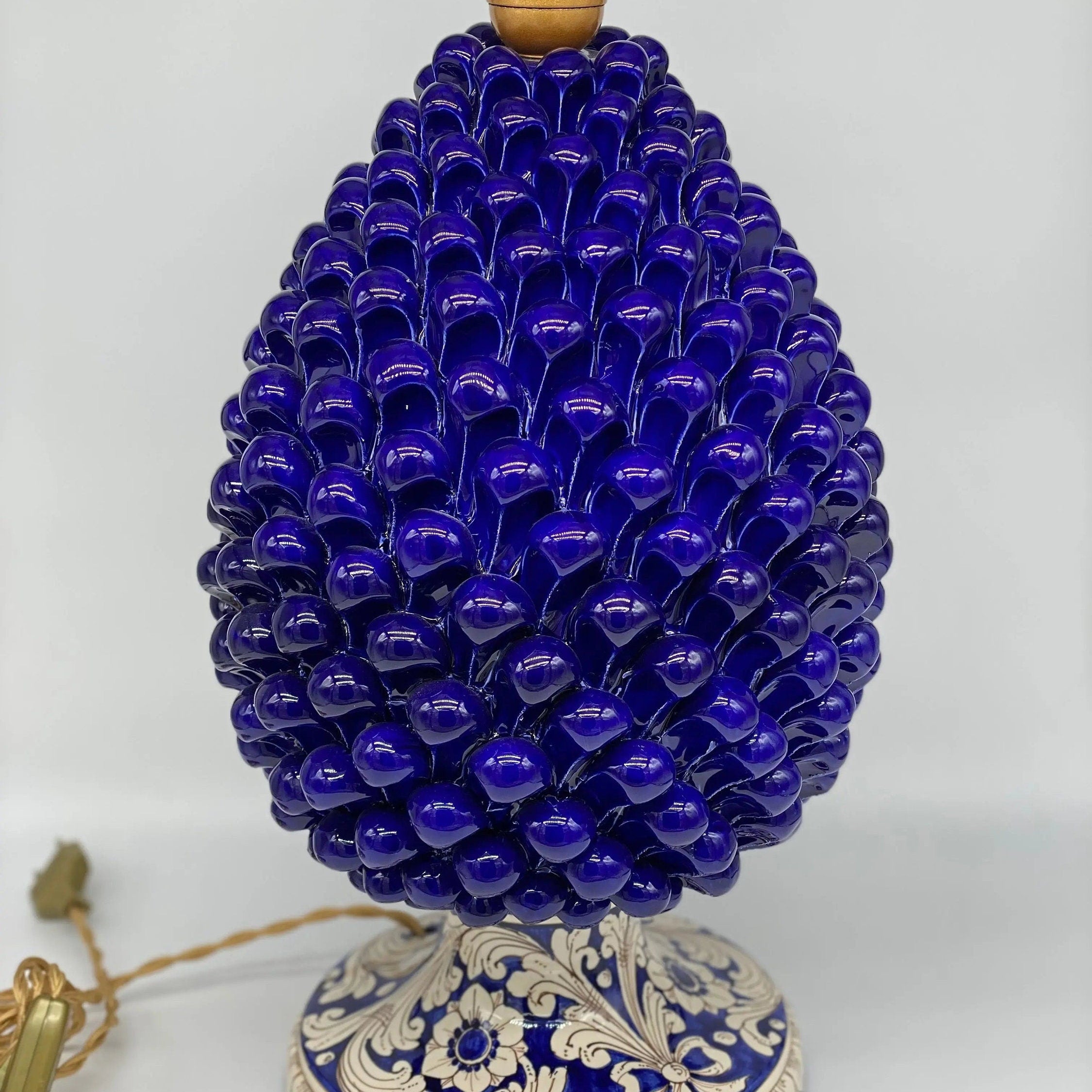 Lampada Pigna Ceramica Caltagirone cm H.40 Artigianale Blu Base Decorata DD CERAMICHE SICILIANE